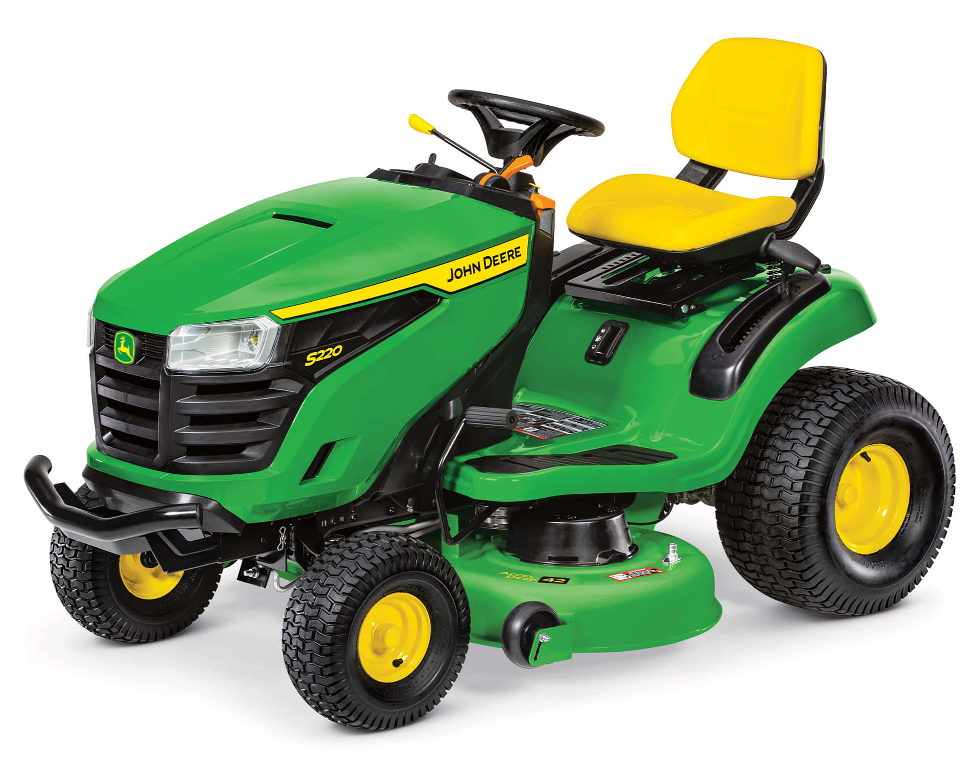 約翰迪爾 桌布 壁紙 — 一台亮綠色John Deere S220騎乘式割草機，配備黃色座椅和車輪，孤立在白色背景上。