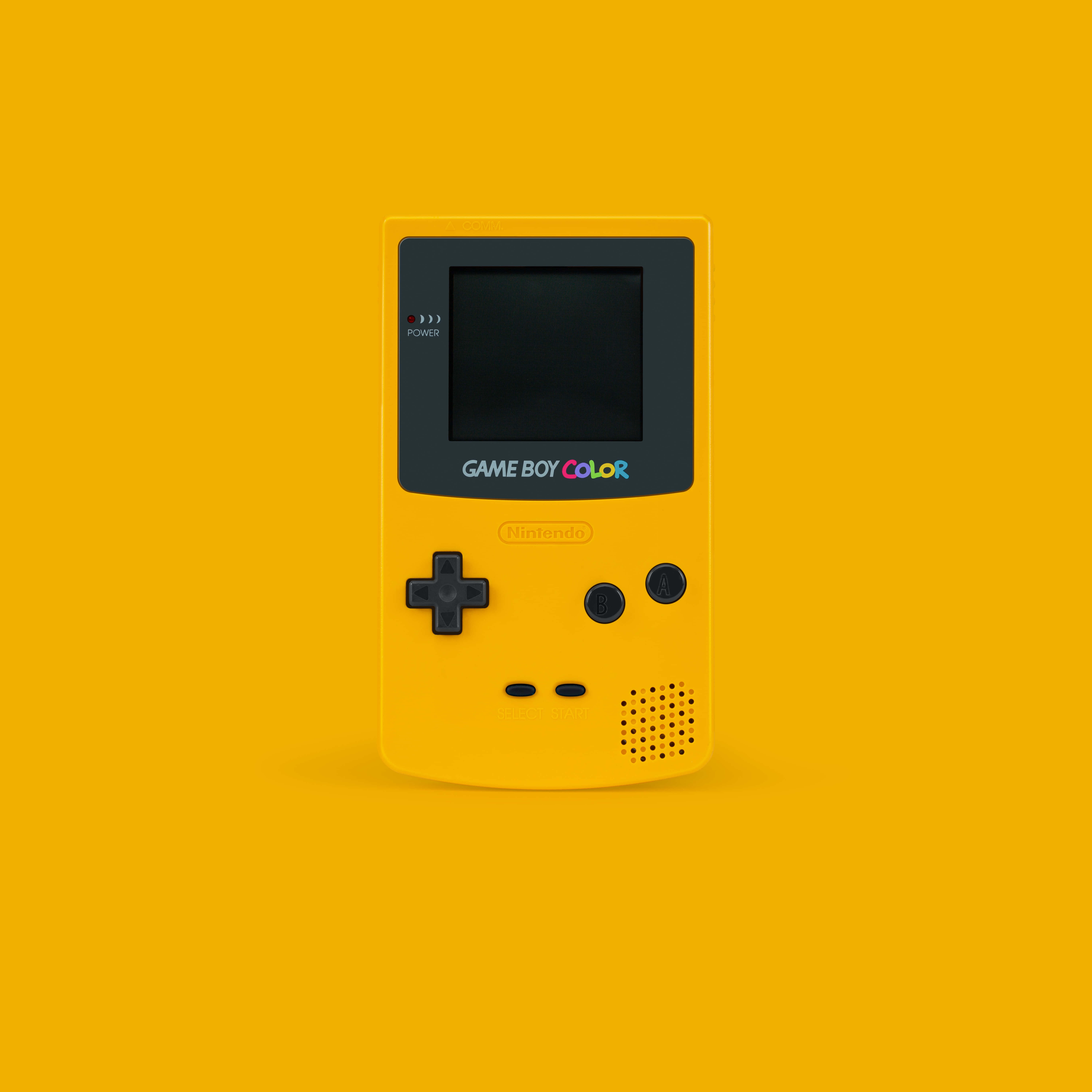Gaming Consoles 桌布 壁紙 — 一台亮黃色的 Nintendo Game Boy Color 主機，置中於純黃色背景上。