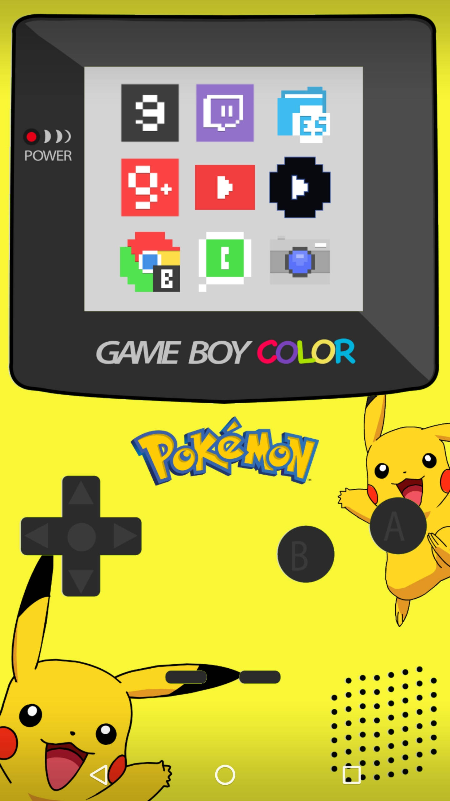 game 桌布 壁紙 — 一台亮黃色的Game Boy Color，螢幕上有皮卡丘角色和像素化應用程式網格。