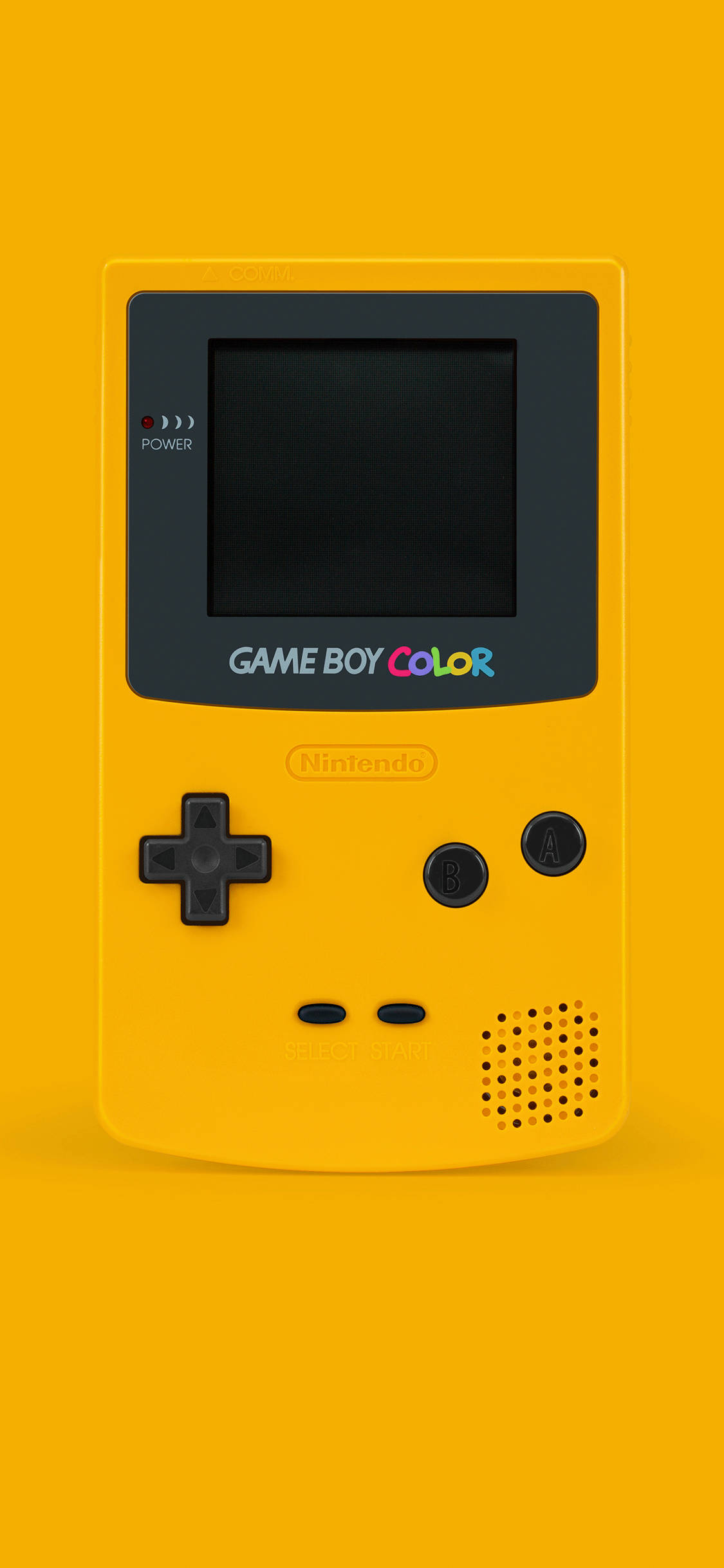 PlayStation 桌布 壁紙 — 一台亮黃色的Game Boy Color主機，置中於純黃色背景上，帶有柔和陰影。