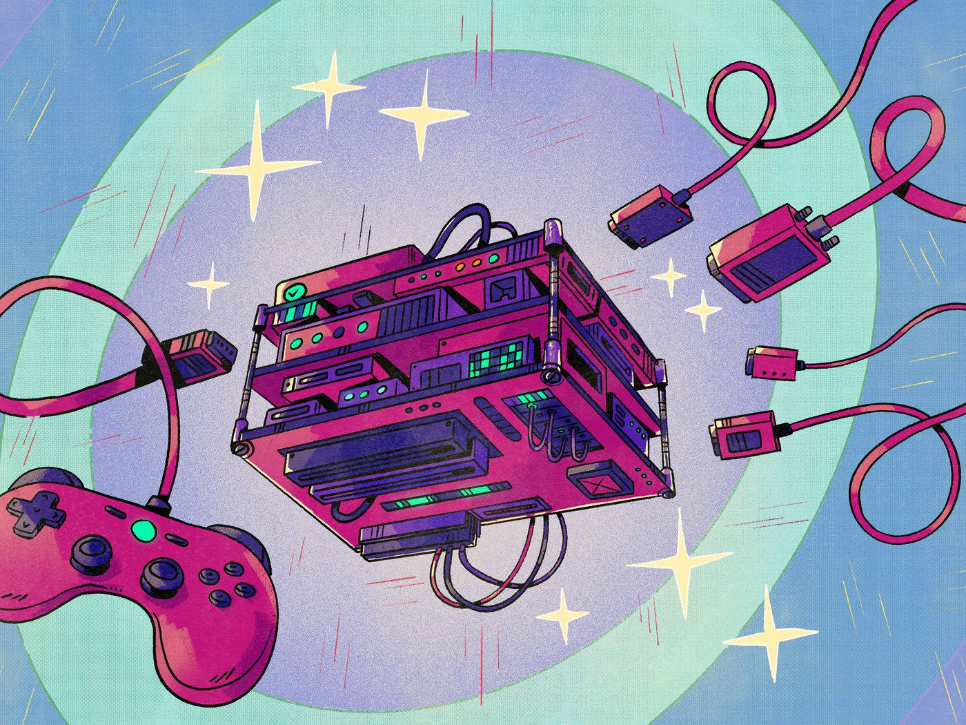 arcade 桌布 壁紙 — 一台充滿活力的粉紅色遊戲主機和控制器在發光的星星和旋轉的電纜之間漂浮，背景是宇宙漸變色。