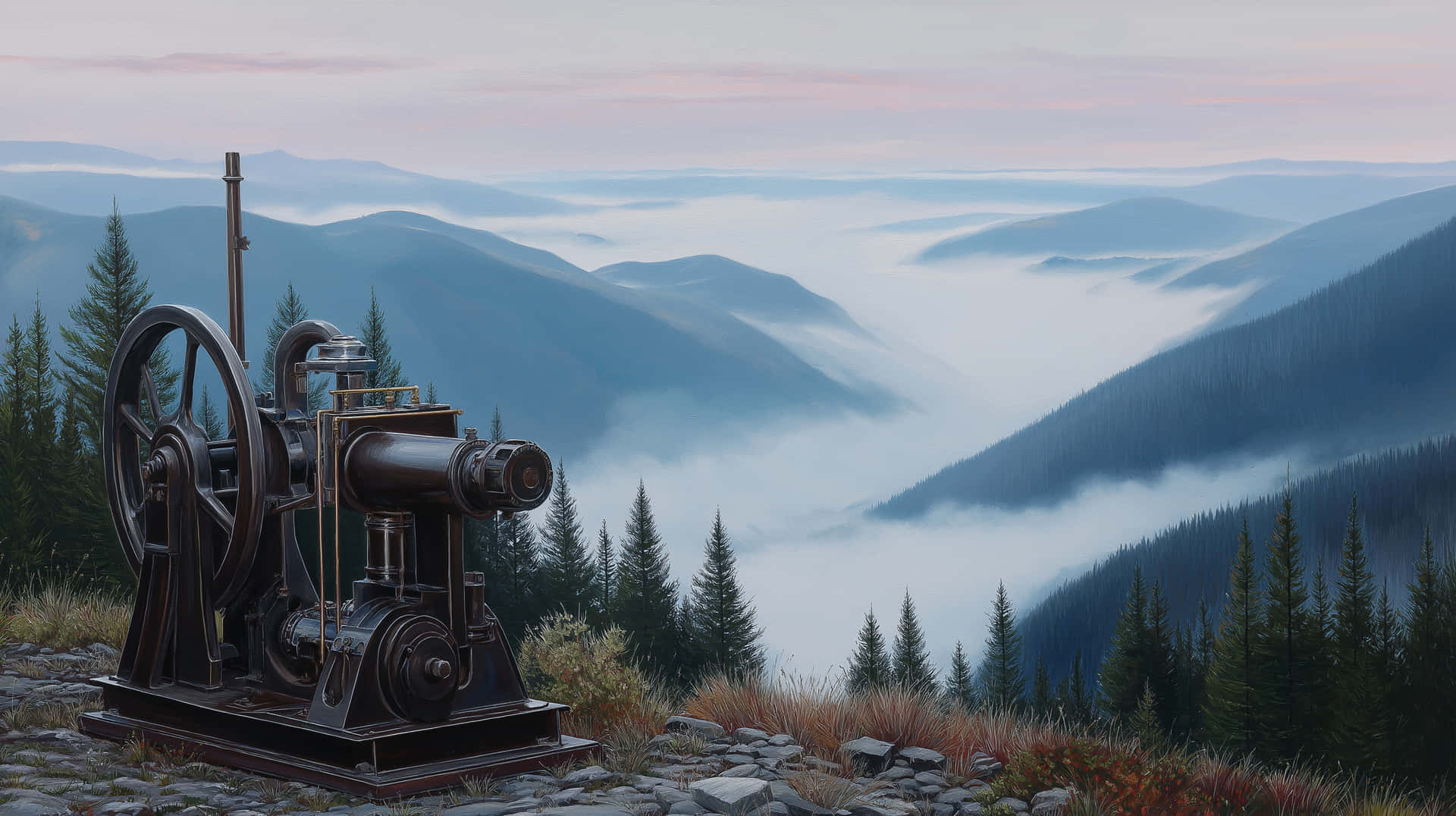 Vintage Machine in a Mist-Covered Mountain Panorama 壁紙 — 一台古老的蒸汽火車矗立在岩石山坡上，俯瞰著黎明時分霧氣瀰漫的山谷。