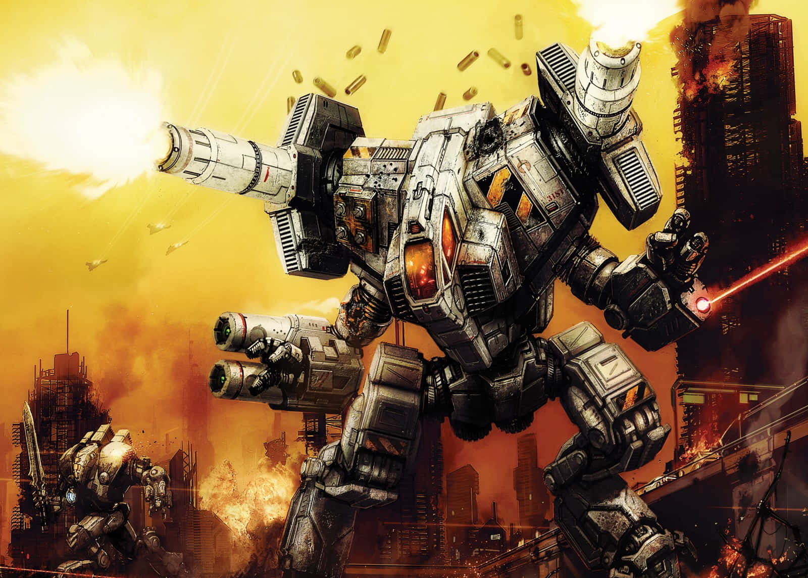 Battletech 桌布 壁紙 — 一台巨大的戰爭機器在燃燒的城市景觀中發射刺眼的大砲，爆炸和碎片充斥空氣。
