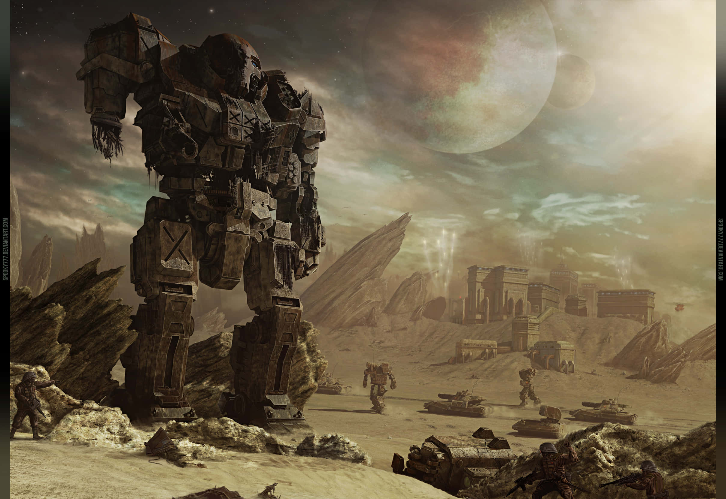 Battletech 桌布 壁紙 — 一台巨大的戰爭機器矗立在荒涼的外星荒野中，巨大的月亮下，士兵和坦克在廢墟中移動。