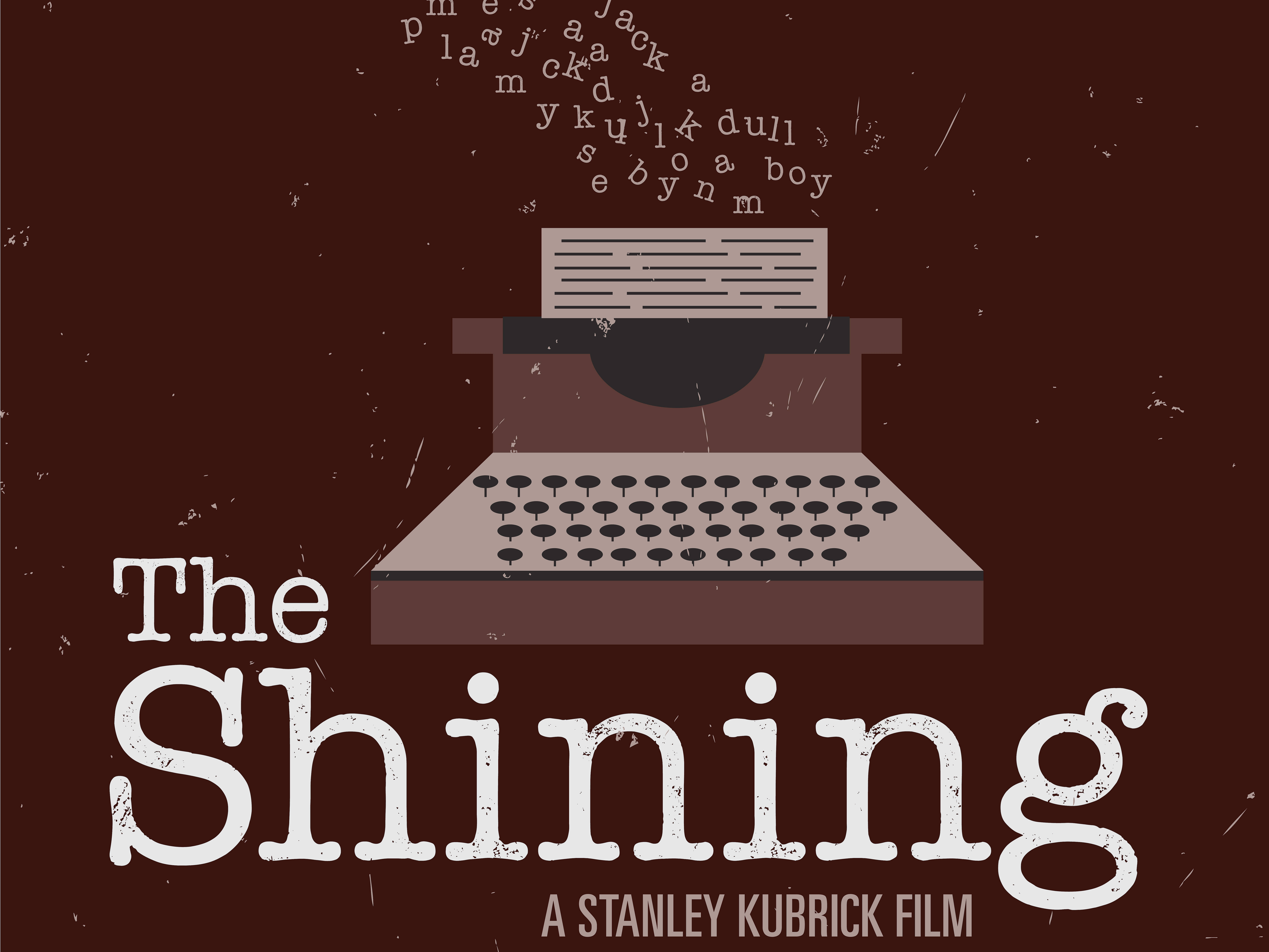 shining 桌布 壁紙 — 一台復古打字機在深棕色紋理背景上散發出混亂的字母，並帶有《鬼店》標題。
