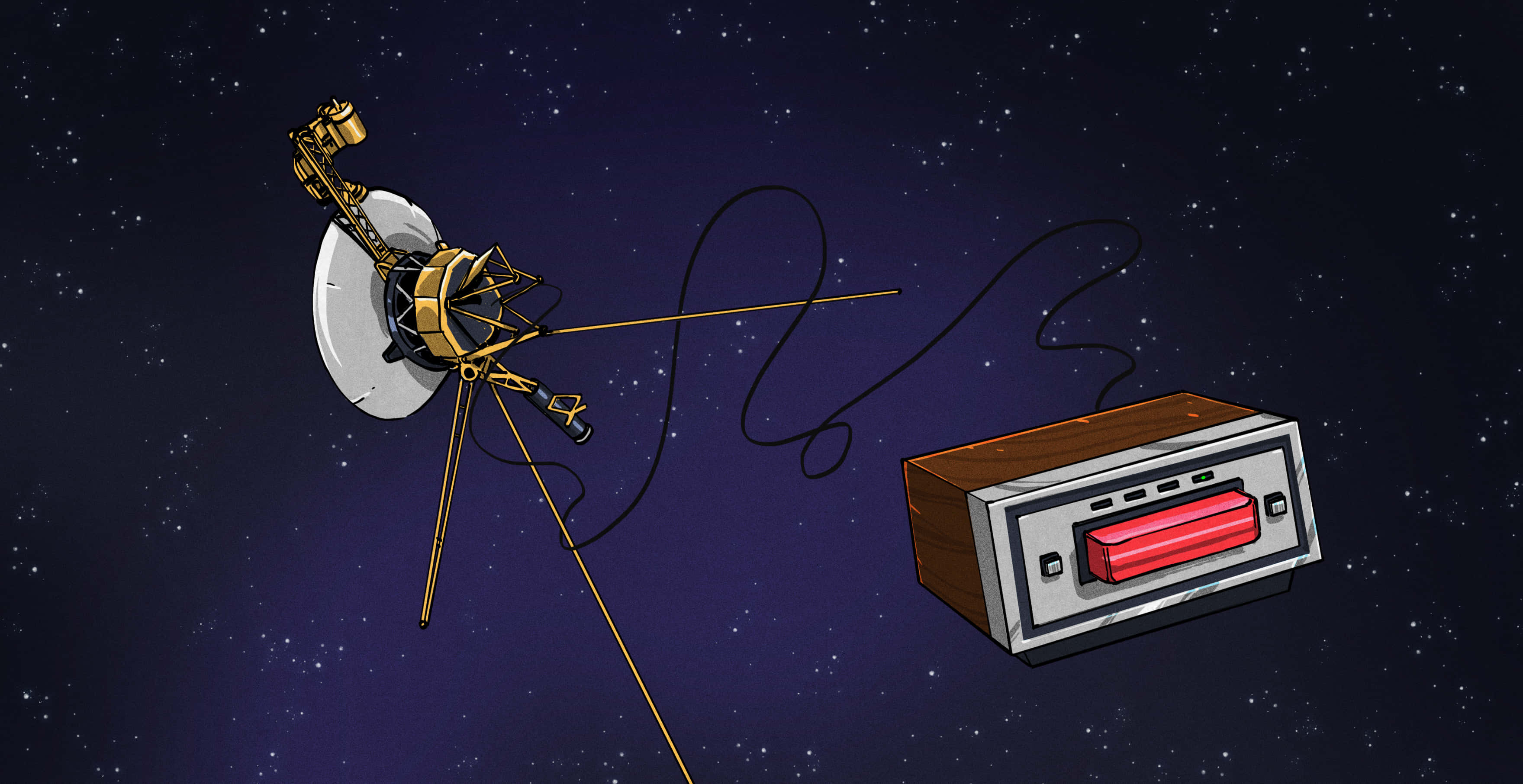 Animated 桌布 壁紙 — 一台復古收音機漂浮在太空中，連接到一顆衛星，背景是星光燦爛的宇宙。