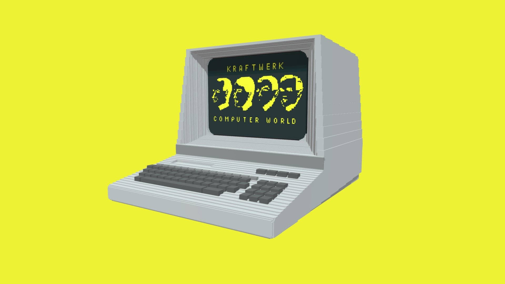 band 桌布 壁紙 — 一台復古灰色電腦，螢幕顯示Kraftwerk的《Computer World》專輯藝術，背景為亮黃色。
