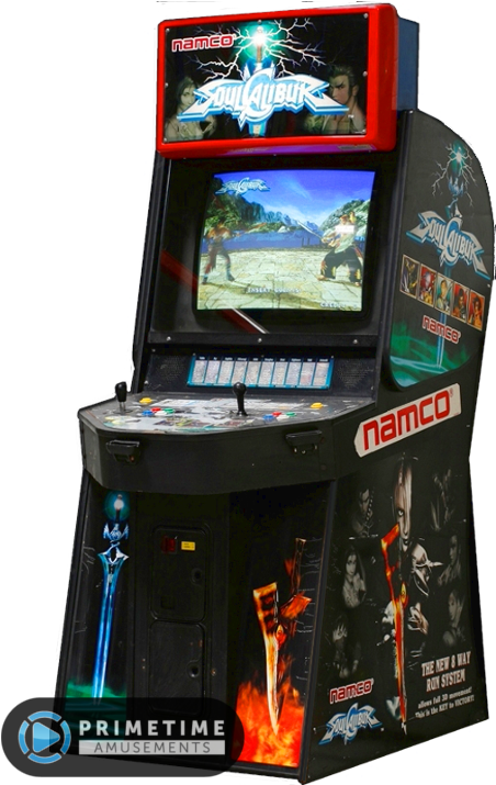 靈魂 桌布 壁紙 — 一台復古的 Namco Soul Calibur 街機展示了一款帶有發光閃電和火焰劍圖形的格鬥遊戲。