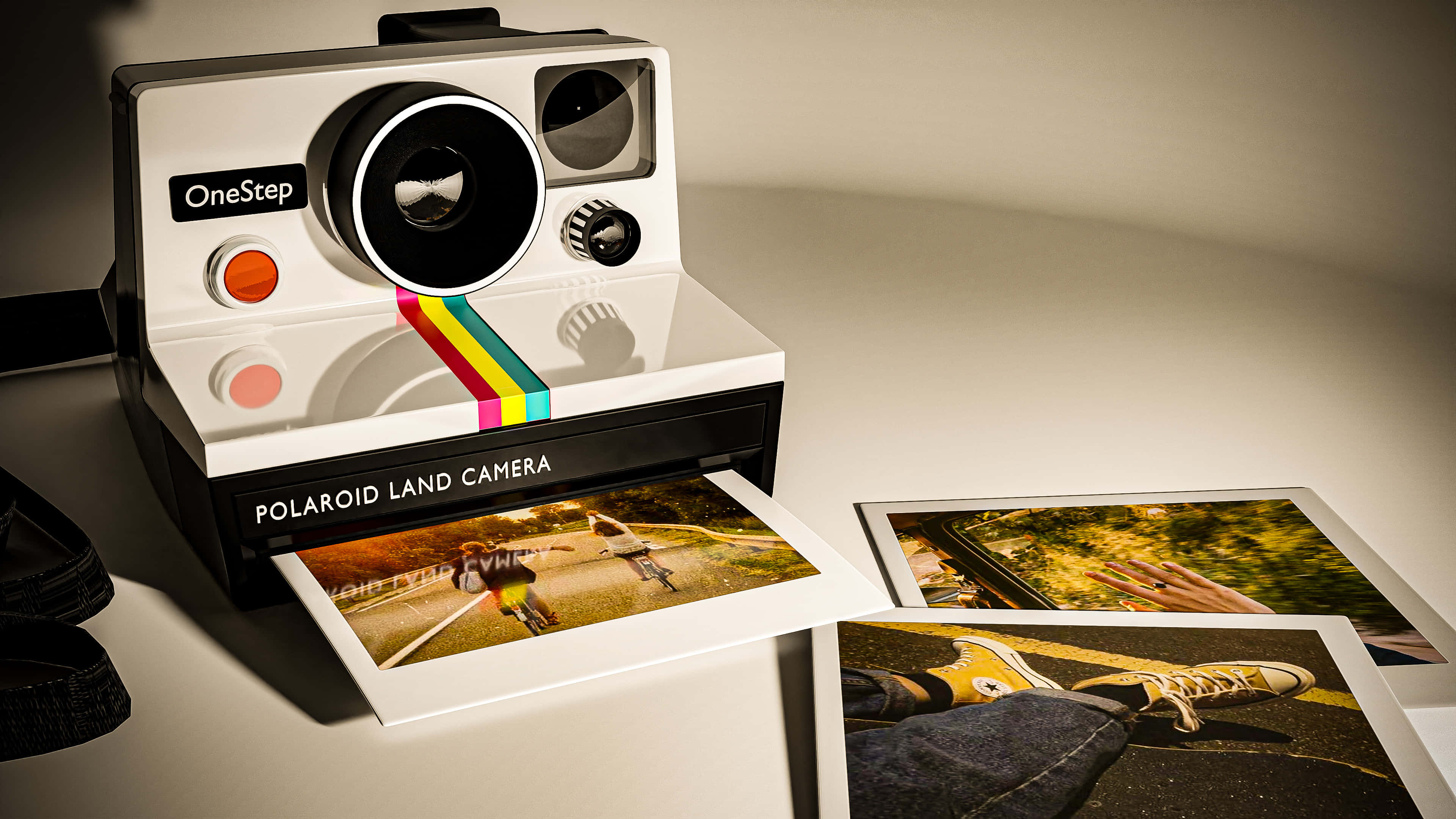 相機 桌布 壁紙 — 一台復古的Polaroid OneStep相機彈出一張滑板手的照片，而其他即時列印照片則放在附近乾淨的白色表面上。