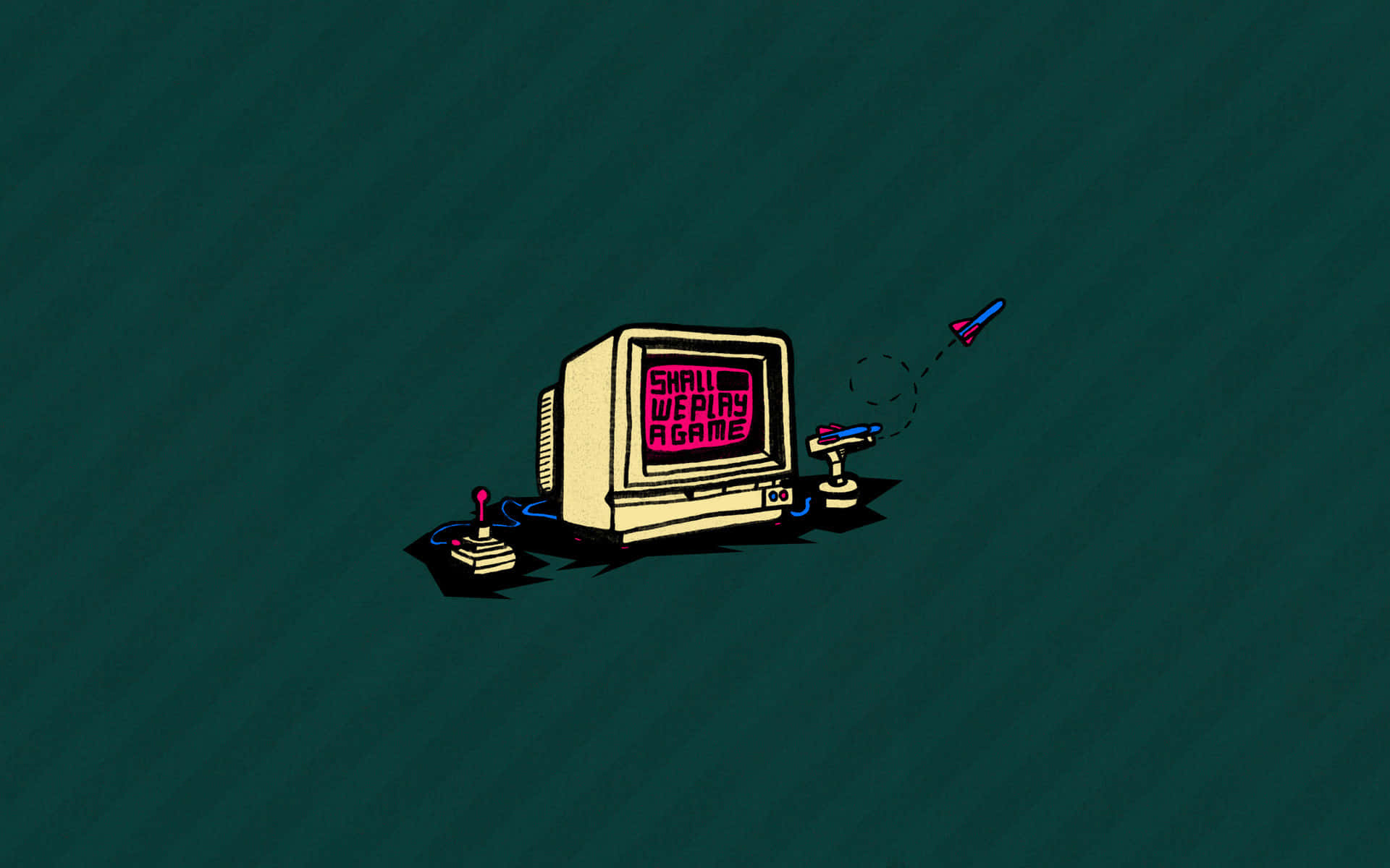 Retro Gaming 桌布 壁紙 — 一台復古米色電腦，帶有操縱桿和粉紅色螢幕，在深青綠色背景上顯示「SHALL WE PLAY A GAME」。