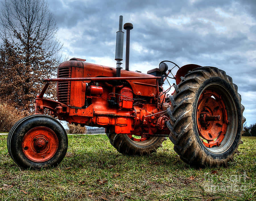 Tractor 桌布 壁紙 — 一台復古紅色拖拉機帶有大泥濘輪胎，站在草地上，天空多雲，背景有光禿禿的樹木。