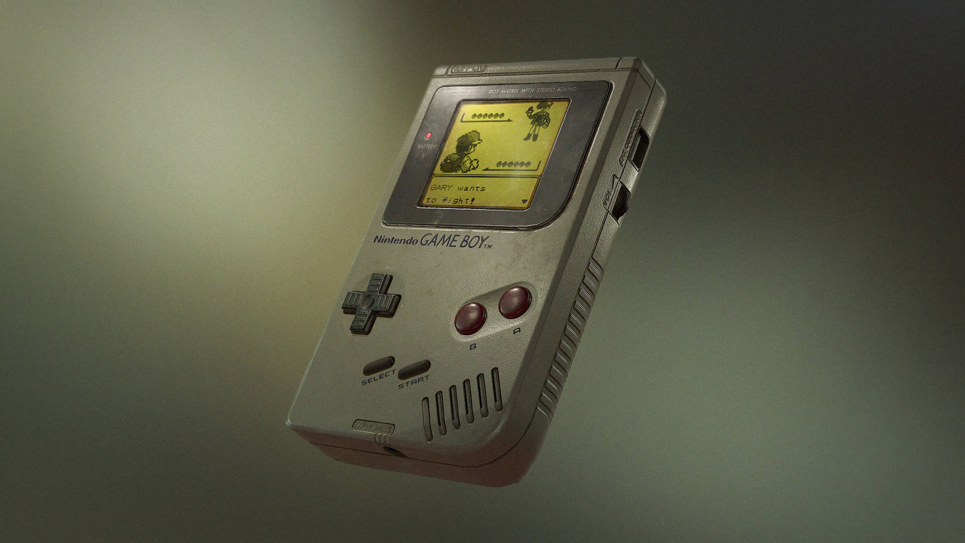 game 桌布 壁紙 — 一台復古銀色Game Boy，帶有發光黃色螢幕顯示寶可夢對戰，漂浮在柔和漸變背景上。
