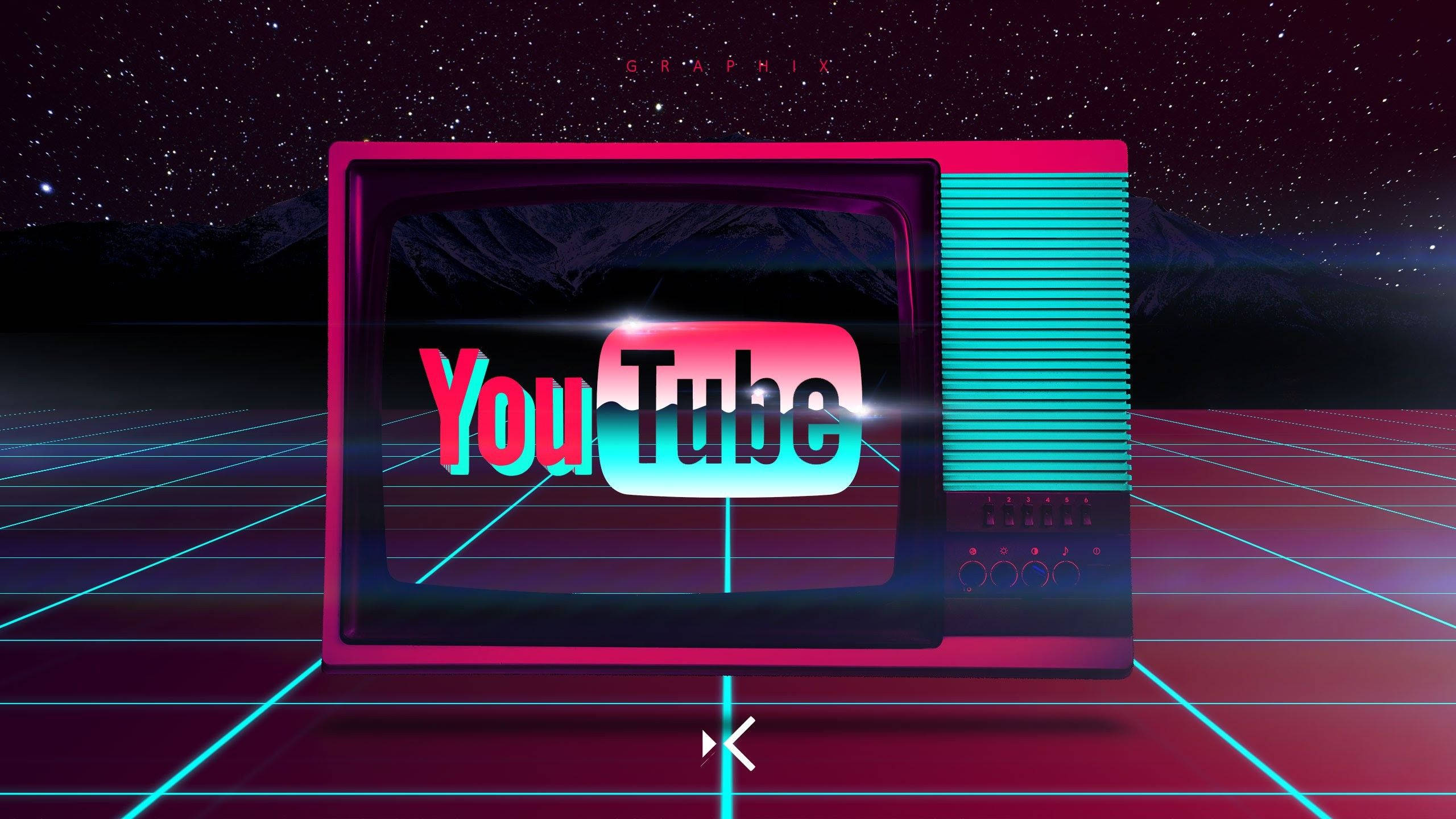 Vaporwave 桌布 壁紙 — 一台復古電視在星空下以霓虹網格線顯示YouTube標誌。