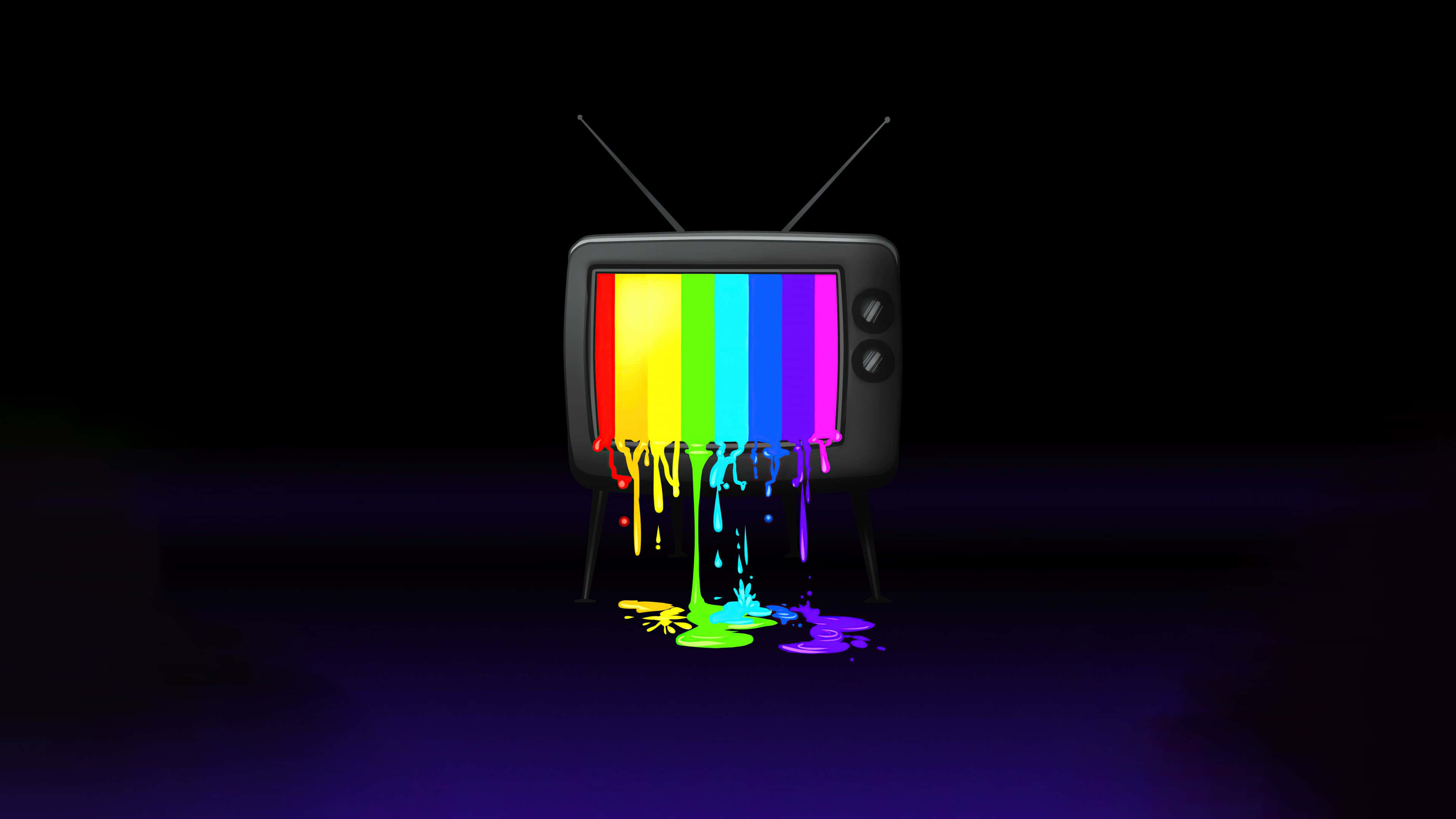television 桌布 壁紙 — 一台復古電視機在黑暗背景下滴落鮮豔的彩虹油漆。