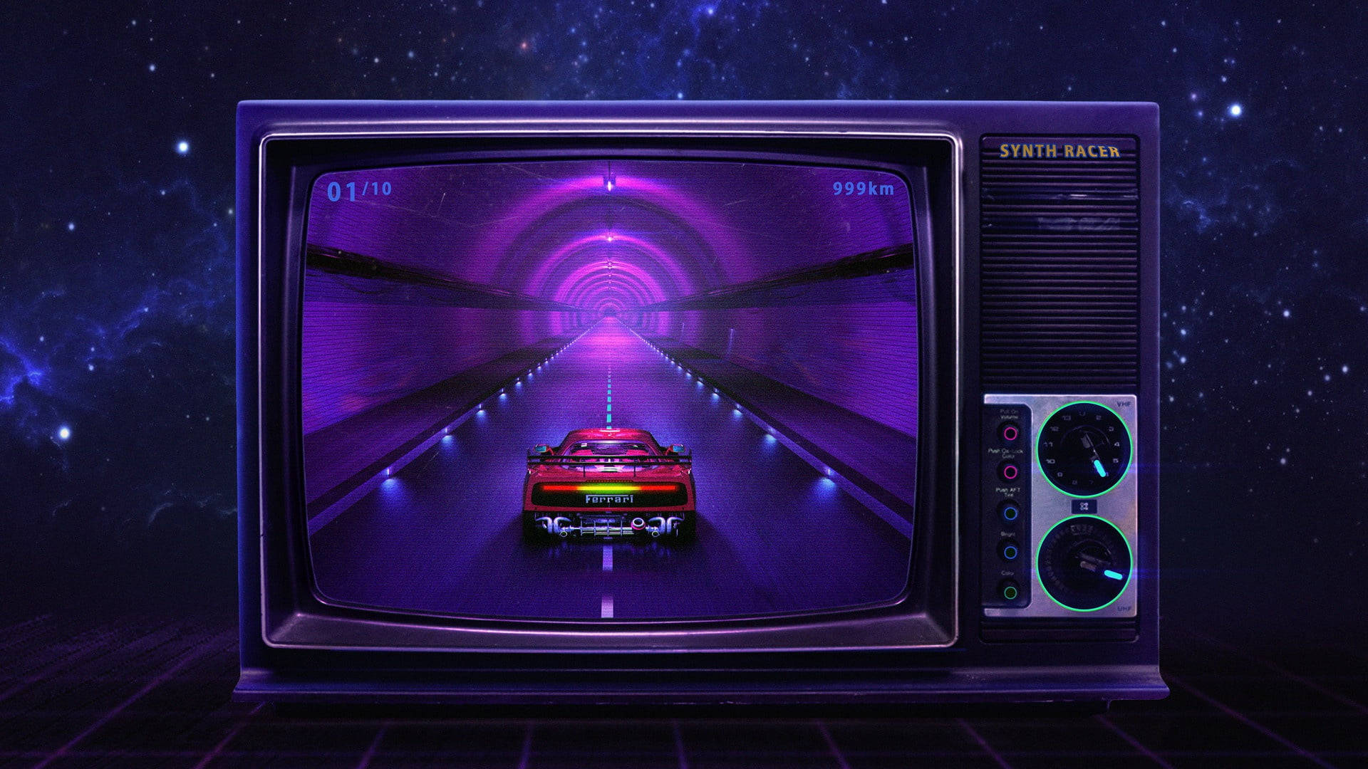 Vaporwave 桌布 壁紙 — 一台復古電視顯示一個霓虹燈賽車遊戲，一輛紅色汽車在發光的紫色隧道中疾馳，背景是星光燦爛的宇宙。