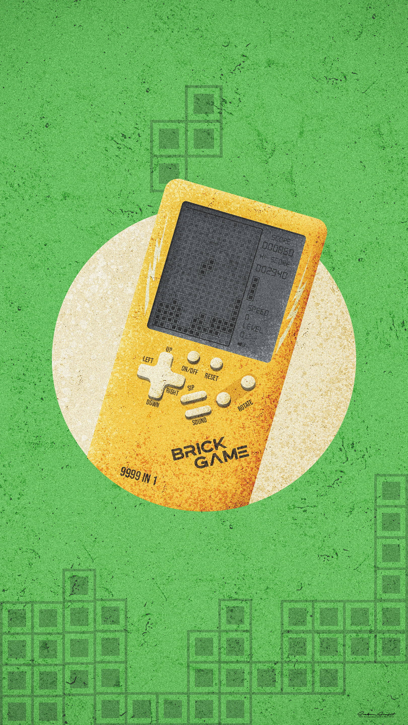 vintage 90s aesthetic 桌布 壁紙 — 一台復古黃色掌上型遊戲機，在帶有紋理的綠色背景上顯示打磚塊遊戲，背景有模糊的網格圖案。