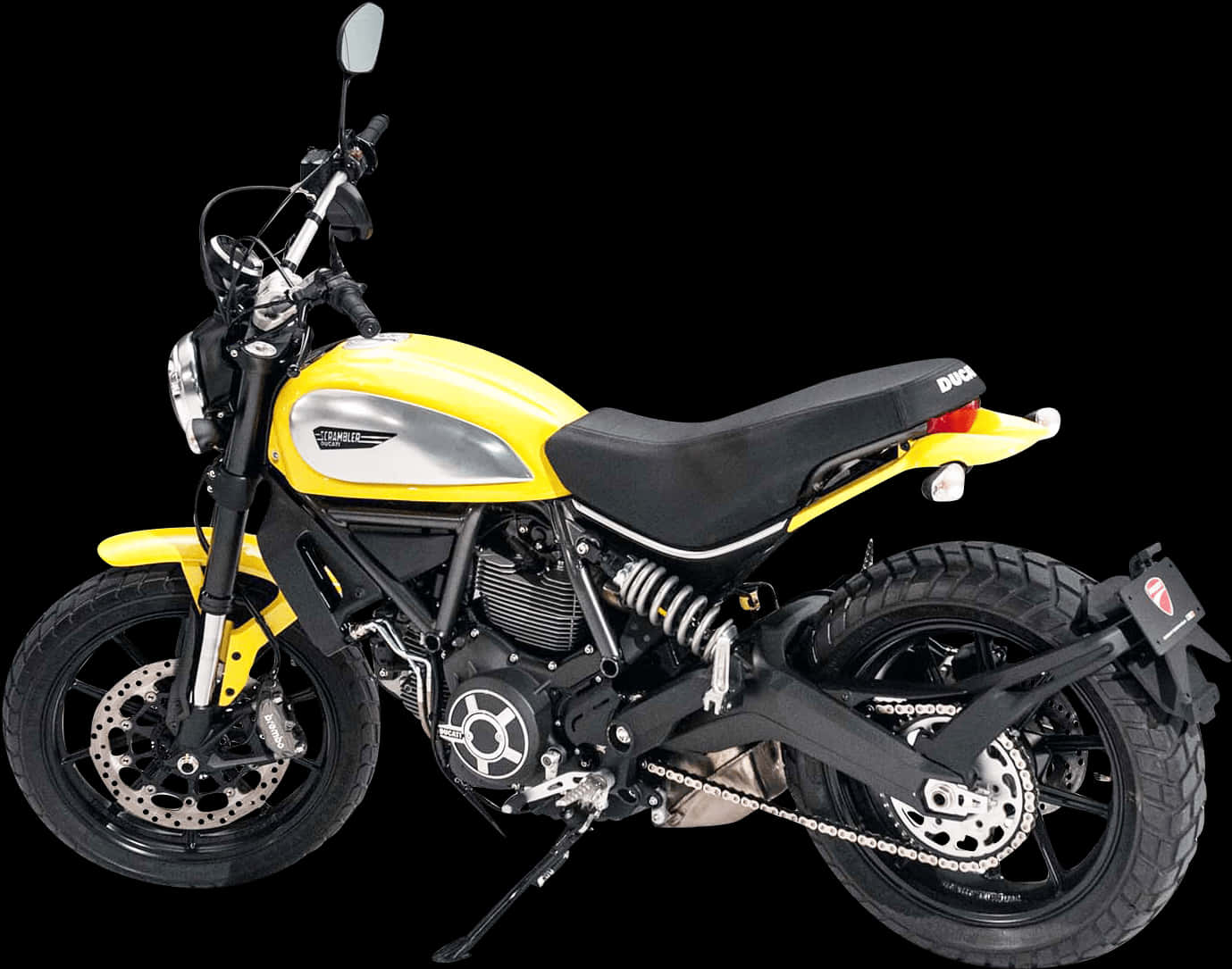 Bike HD 桌布 壁紙 — 一台搶眼的黃色Ducati機車，帶有黑色飾邊和鍍鉻細節，在純黑色背景前蓄勢待發。