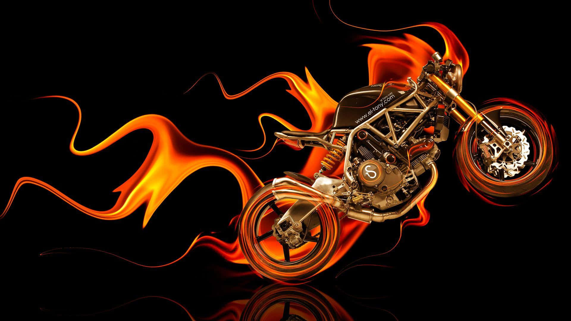 HD Bikes 桌布 壁紙 — 一台時尚摩托車，引擎噴出熾熱橙色火焰，背景為黑色。