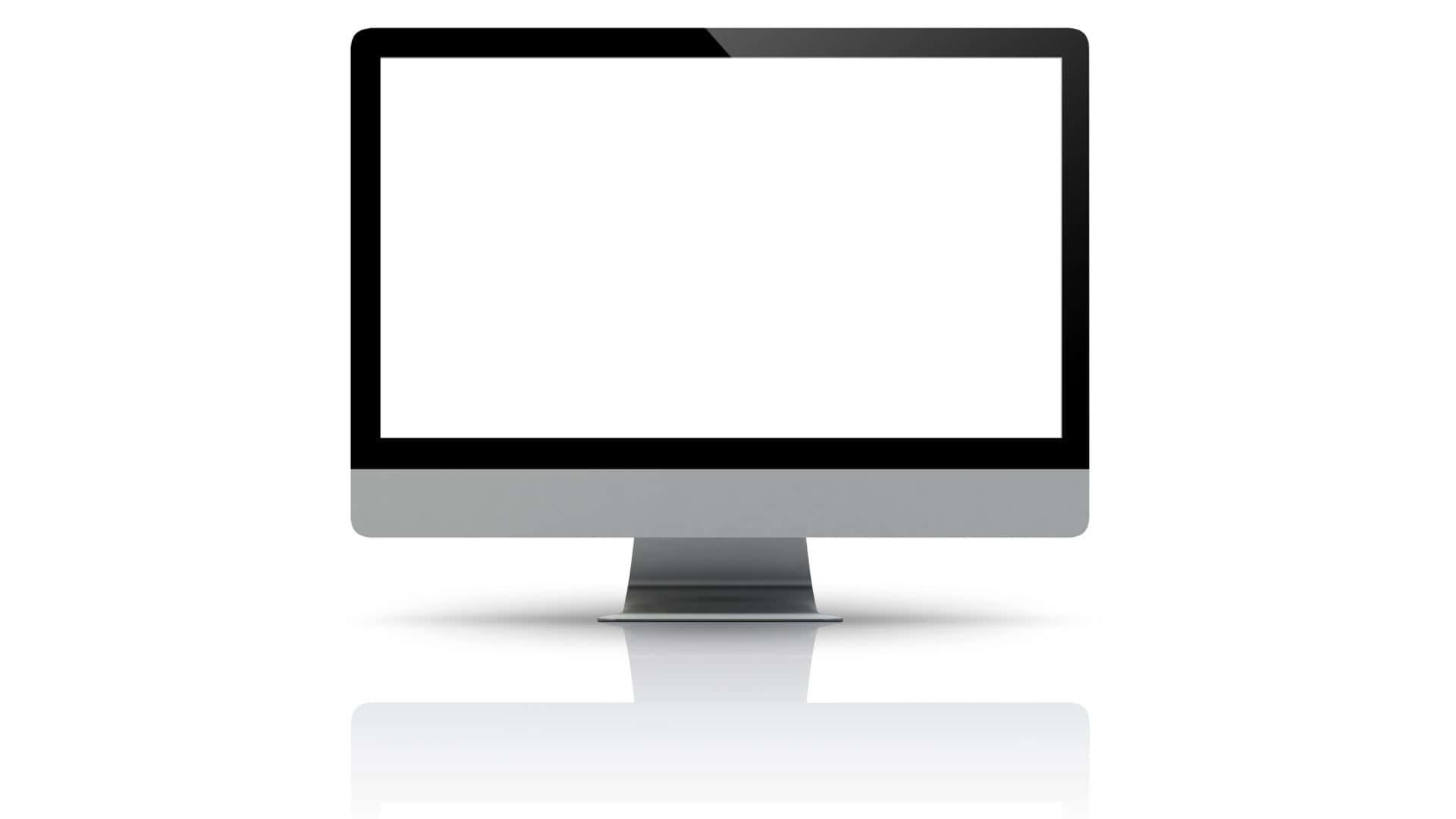 Computer Screen 桌布 壁紙 — 一台時尚現代的All-in-One電腦，配備空白白色螢幕和銀色底座，置於反光白色表面上。