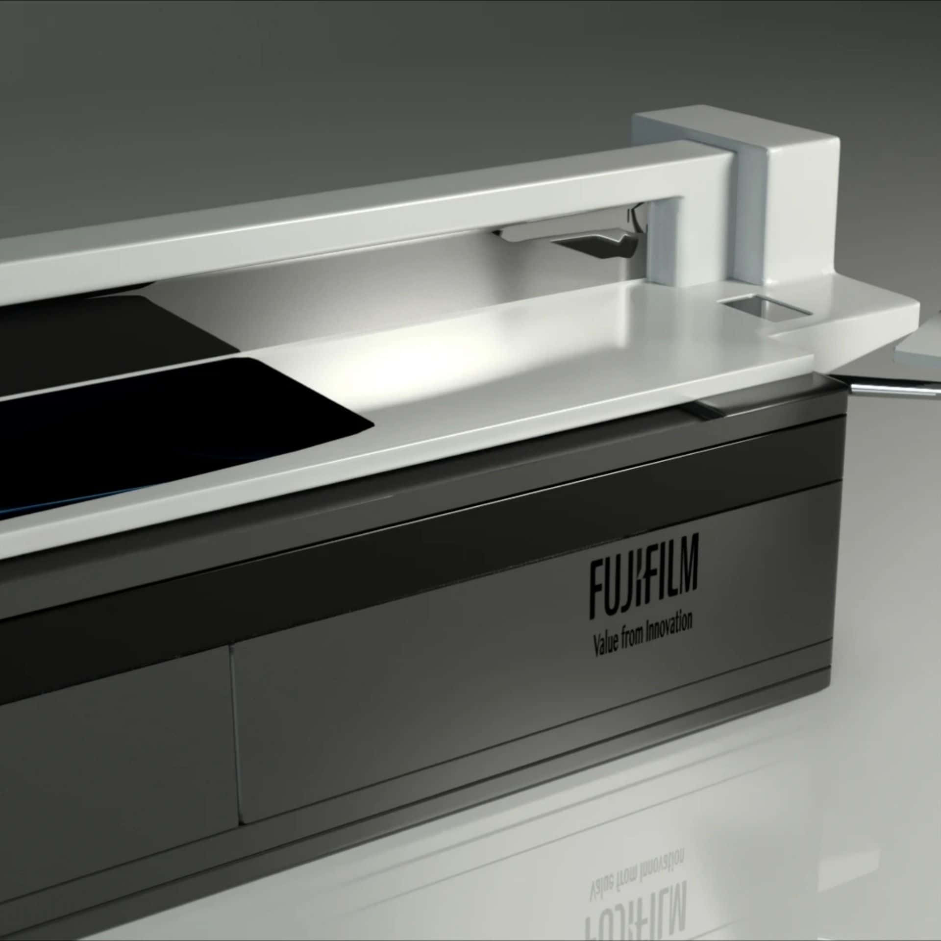 Print 桌布 壁紙 — 一台時尚現代的Fujifilm印表機，採用極簡黑白設計，展示「Value from Innovation」品牌標語。