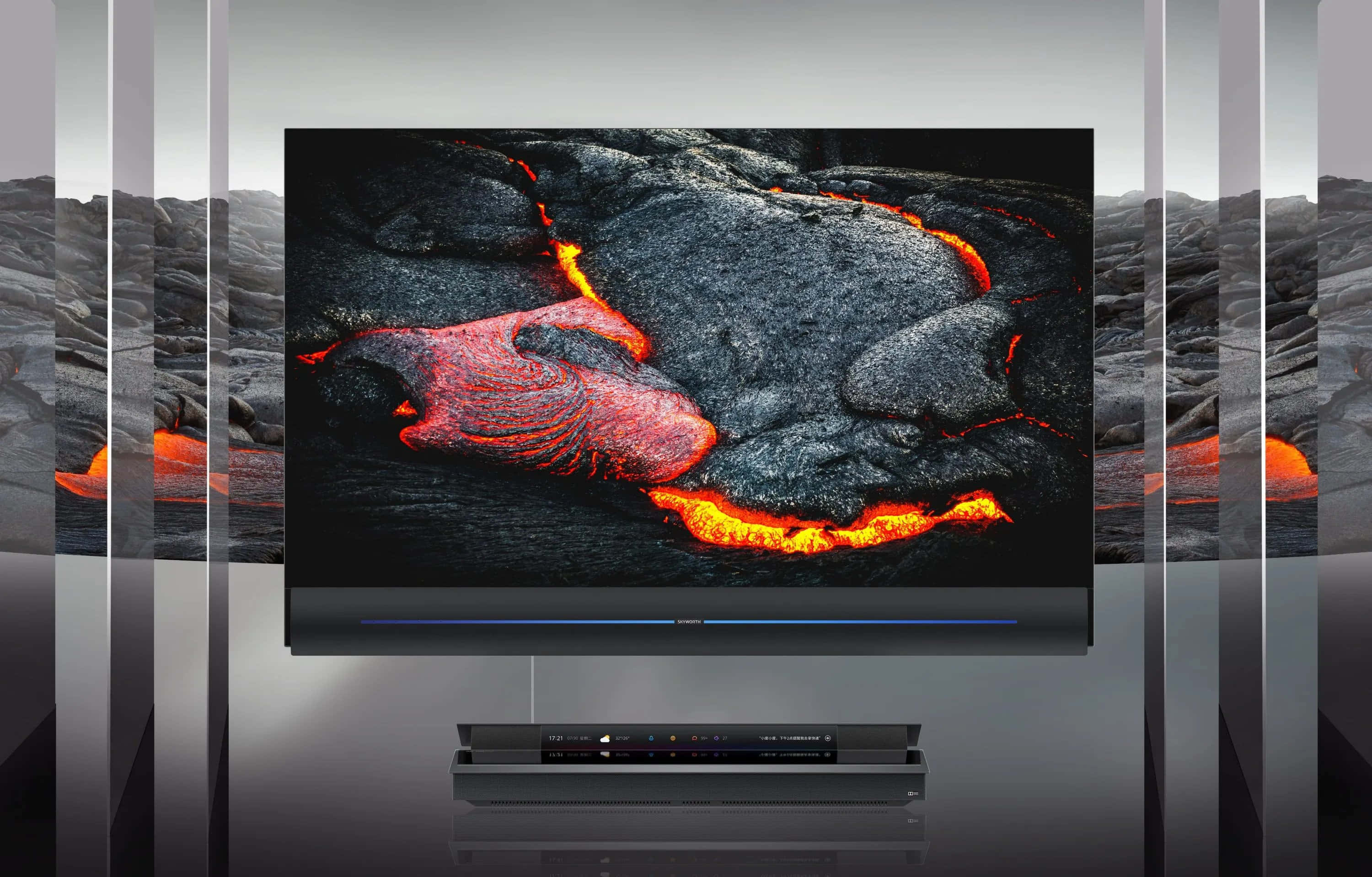 tv 桌布 壁紙 — 一台時尚現代電視顯示出熾熱橙色熔岩流過深色火山岩的生動特寫。