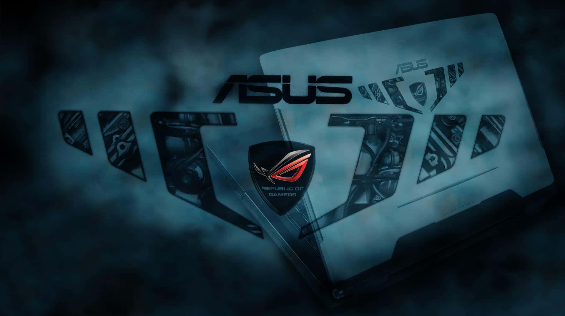 ASUS 桌布 壁紙 — 一台時尚的ASUS ROG筆記型電腦在煙霧般的深藍色背景上發出紅色光芒。