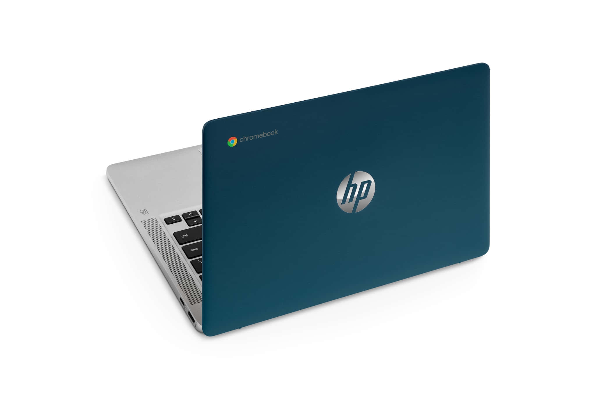 HP 桌布 壁紙 — 一台時尚的HP Chromebook筆記型電腦，配有藍綠色蓋子和銀色鍵盤，在純白背景上打開展示。