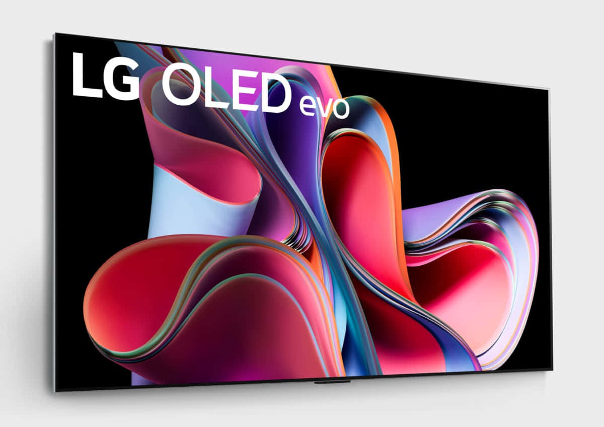 科技動圖 桌布 壁紙 — 一台時尚的LG OLED evo電視顯示出充滿活力的抽象壁紙，流動的絲帶以紅色、紫色和藍色在黑色背景上呈現。