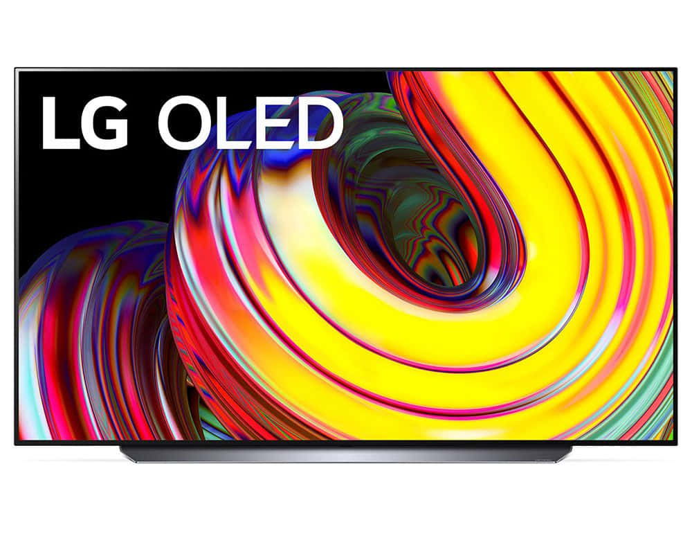 Lg Tv Logo 桌布 壁紙 — 一台時尚的LG OLED電視在黑色背景上顯示出充滿活力的旋轉抽象圖案，帶有鮮明的黃色、紅色和藍色。