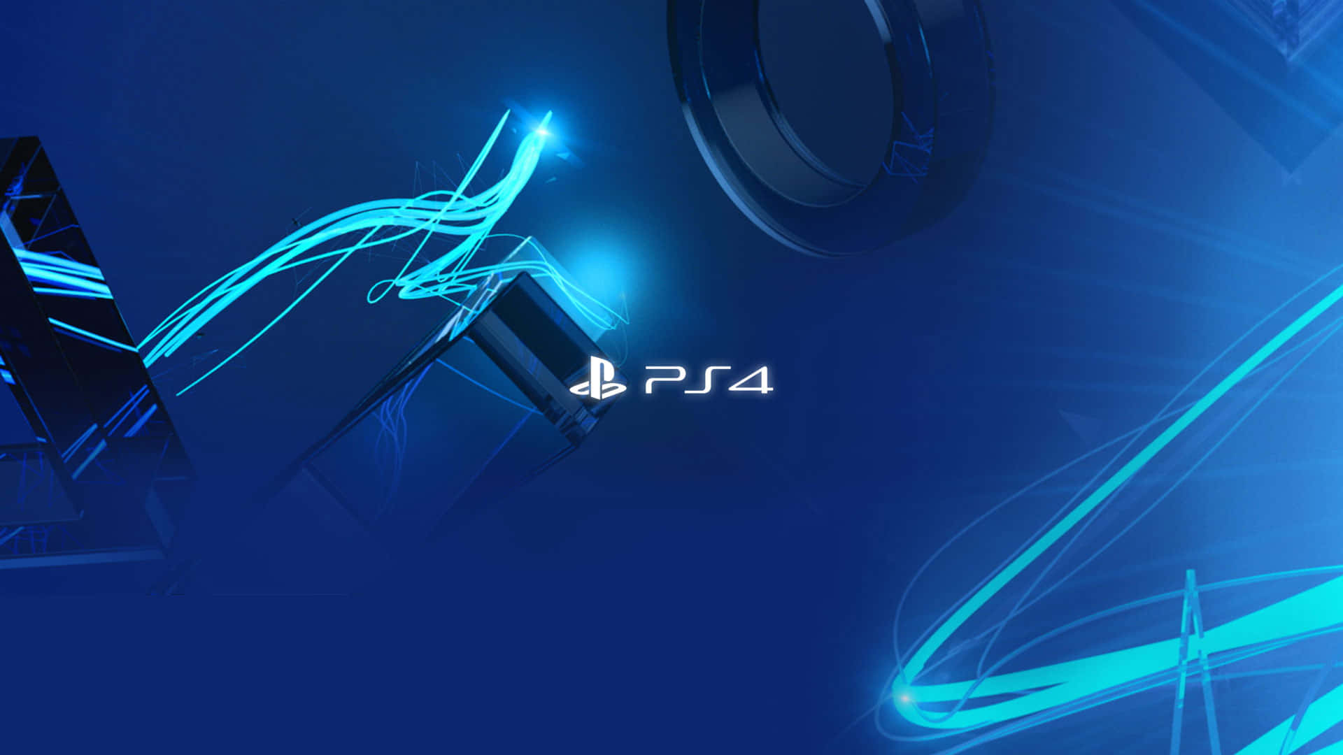 PlayStation 桌布 壁紙 — 一台時尚的PS4主機在深藍色數位背景上發出充滿活力的藍色光軌。