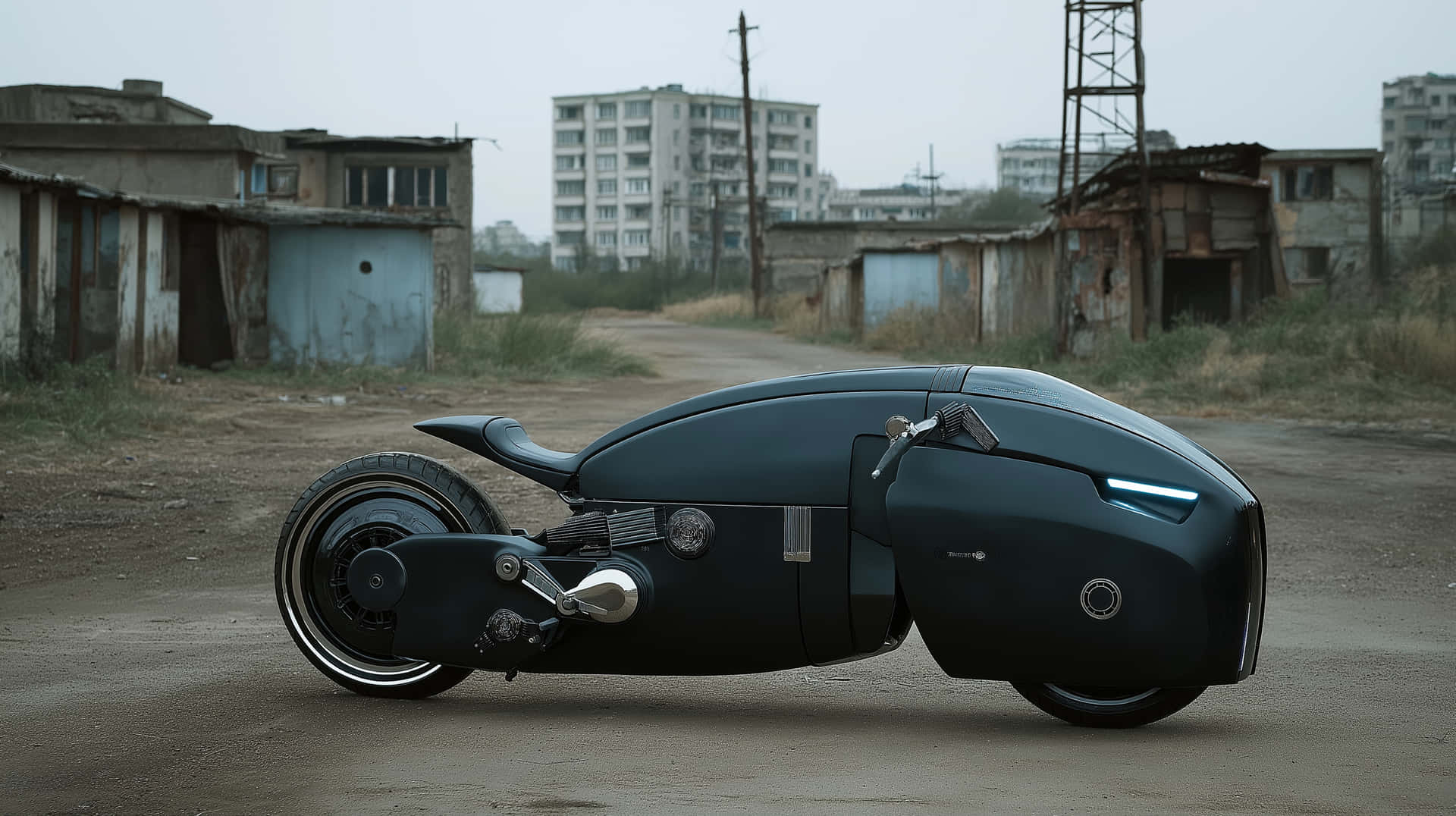 Ultra-Modern Matte Black Motorcycle in Gritty Urban Landscape 壁紙 — 一台時尚的啞光黑色未來風格機車，帶有發光的藍色點綴，停在陰天天空下廢棄工業建築之間的裂縫柏油路上。