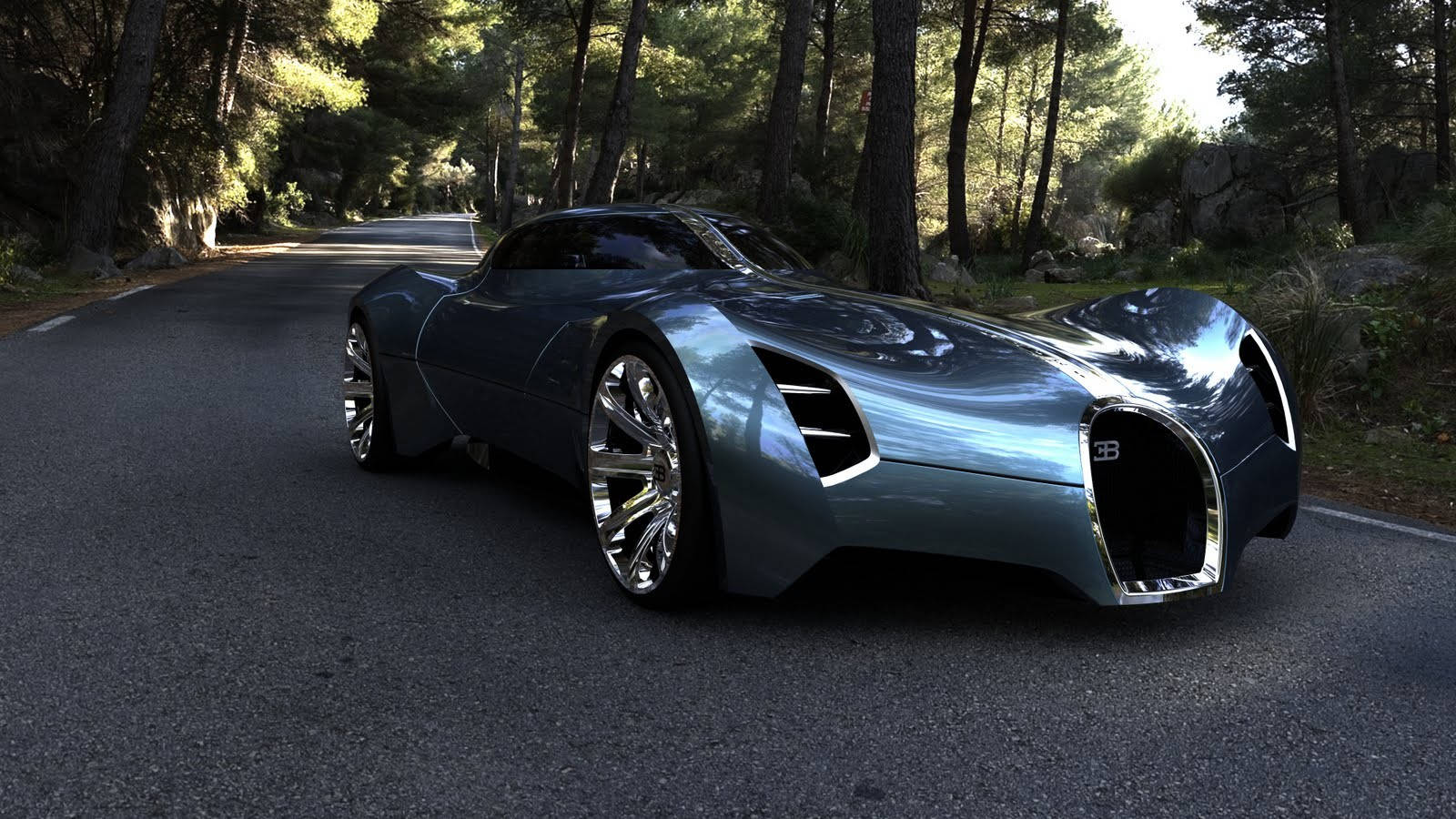 bugatti iPhone 桌布 壁紙 — 一台時尚的未來主義藍色跑車沿著蜿蜒的森林道路行駛，沐浴在斑駁的陽光下。