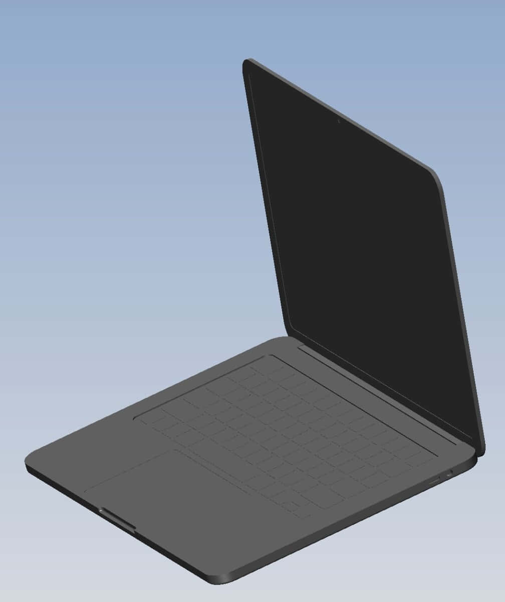 Black Macbook 桌布 壁紙 — 一台時尚的深灰色筆記型電腦以傾斜角度打開，置於柔和的藍色漸變背景前。