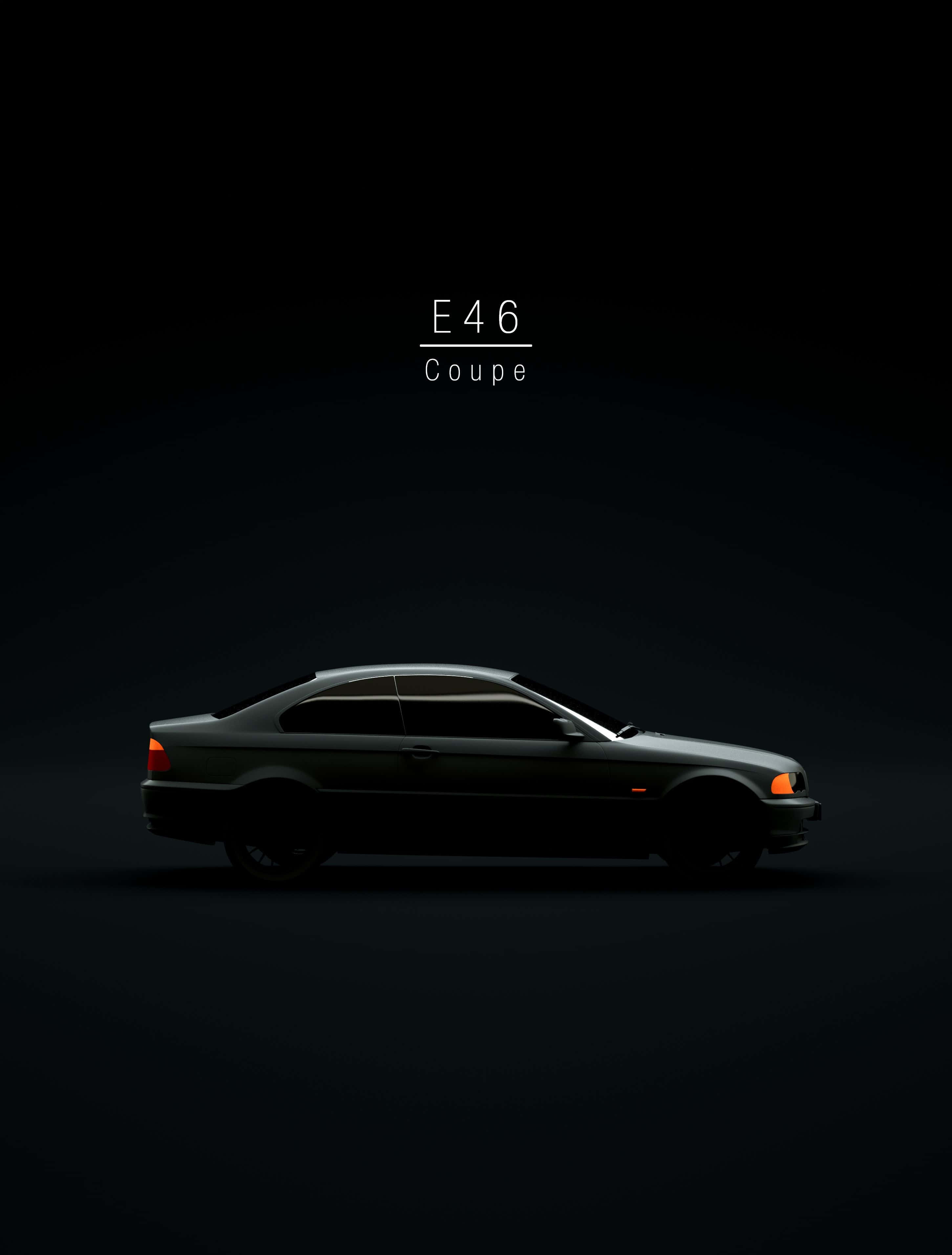 Minimalist Car 桌布 壁紙 — 一台時尚的深綠色BMW E46雙門轎跑車輪廓，在帶有文字疊加的黑色工作室背景上微妙地發光。
