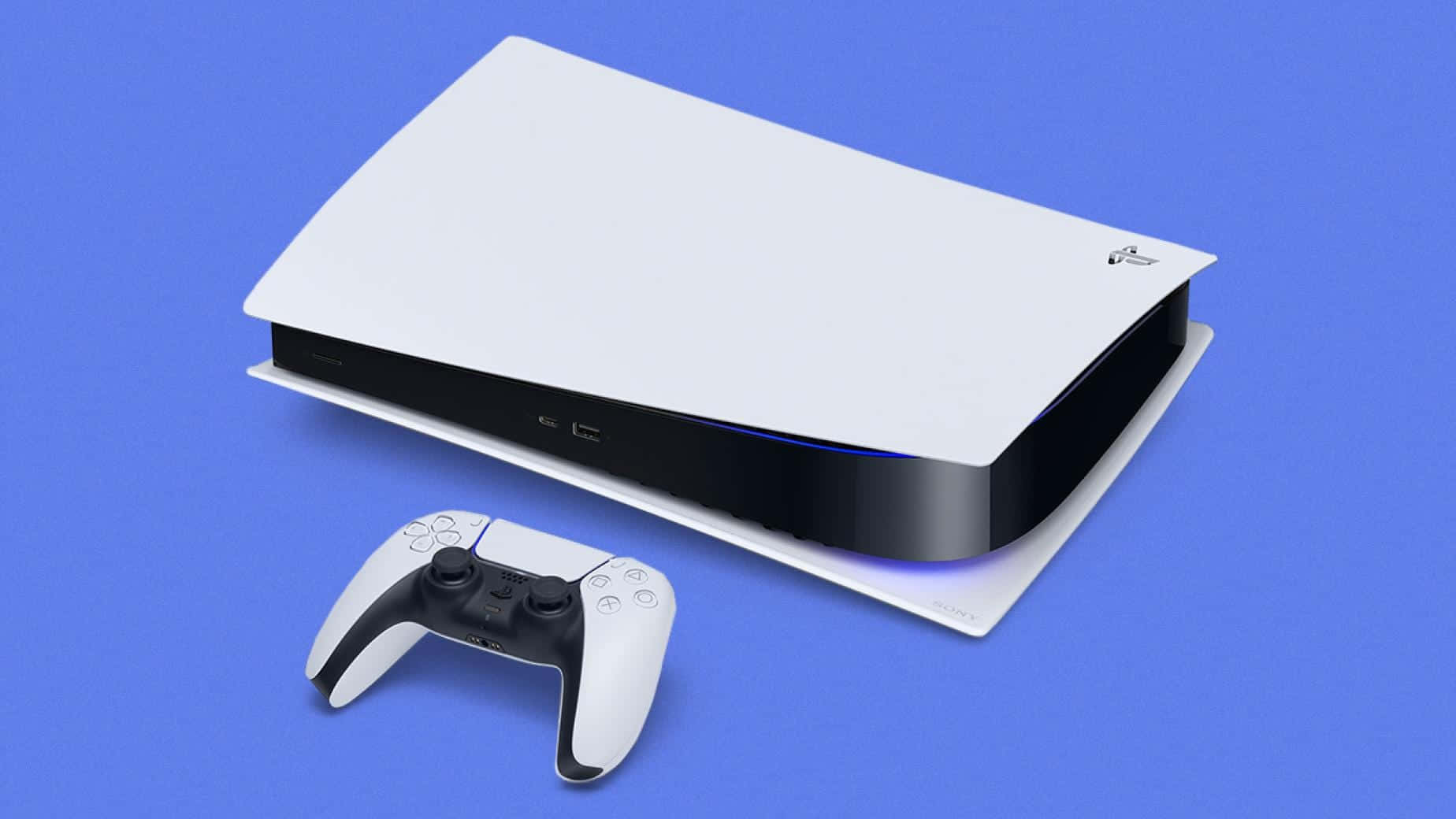 PS5 動態圖片 桌布 壁紙 — 一台時尚的白色 PlayStation 5 主機連控制器，放置在純藍色背景上。