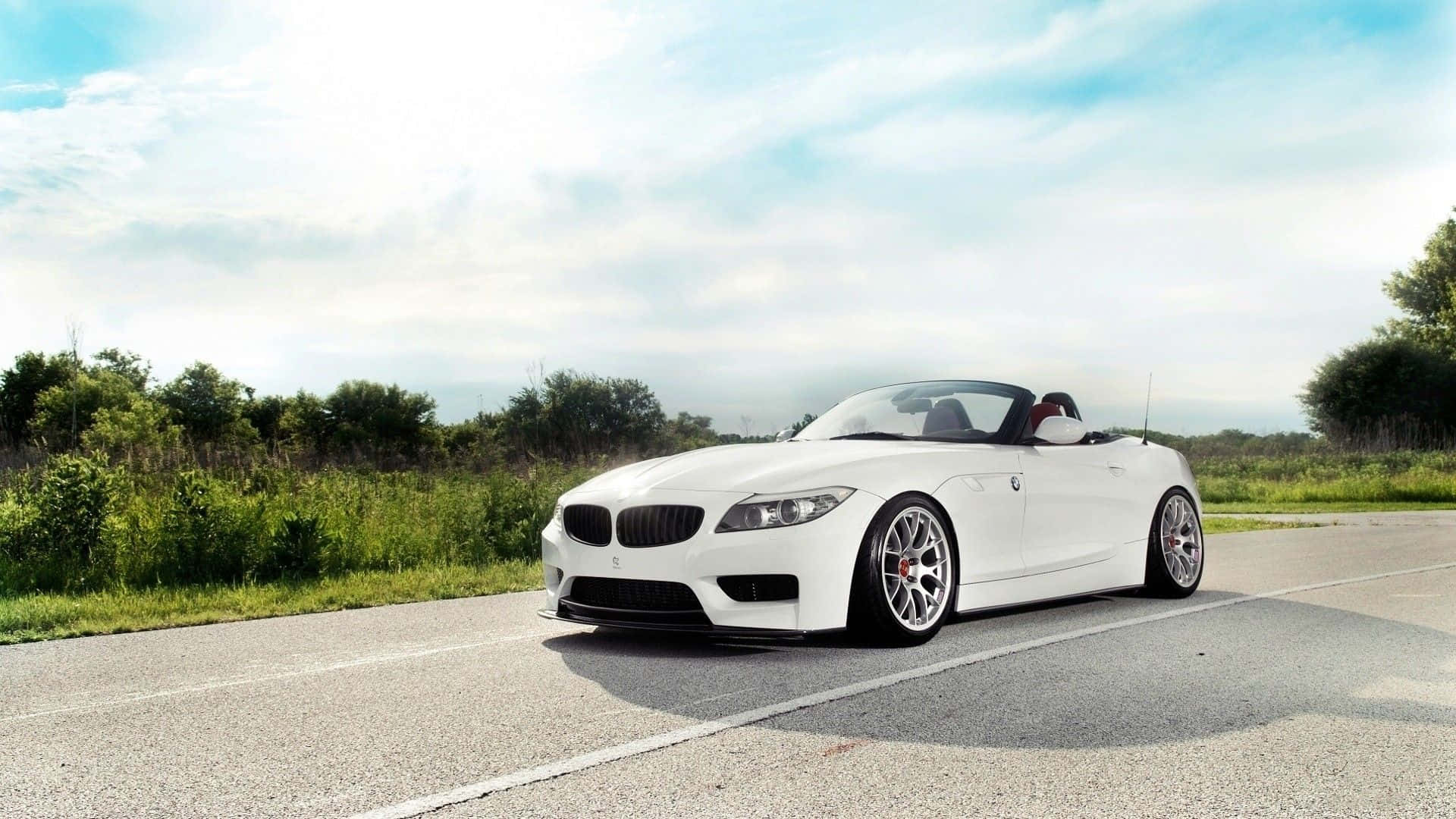 Bmw Z4 桌布 壁紙 — 一台時尚的白色BMW Z4敞篷車停在陽光明媚的鄉村道路上，周圍有綠色樹葉和部分多雲的天空。