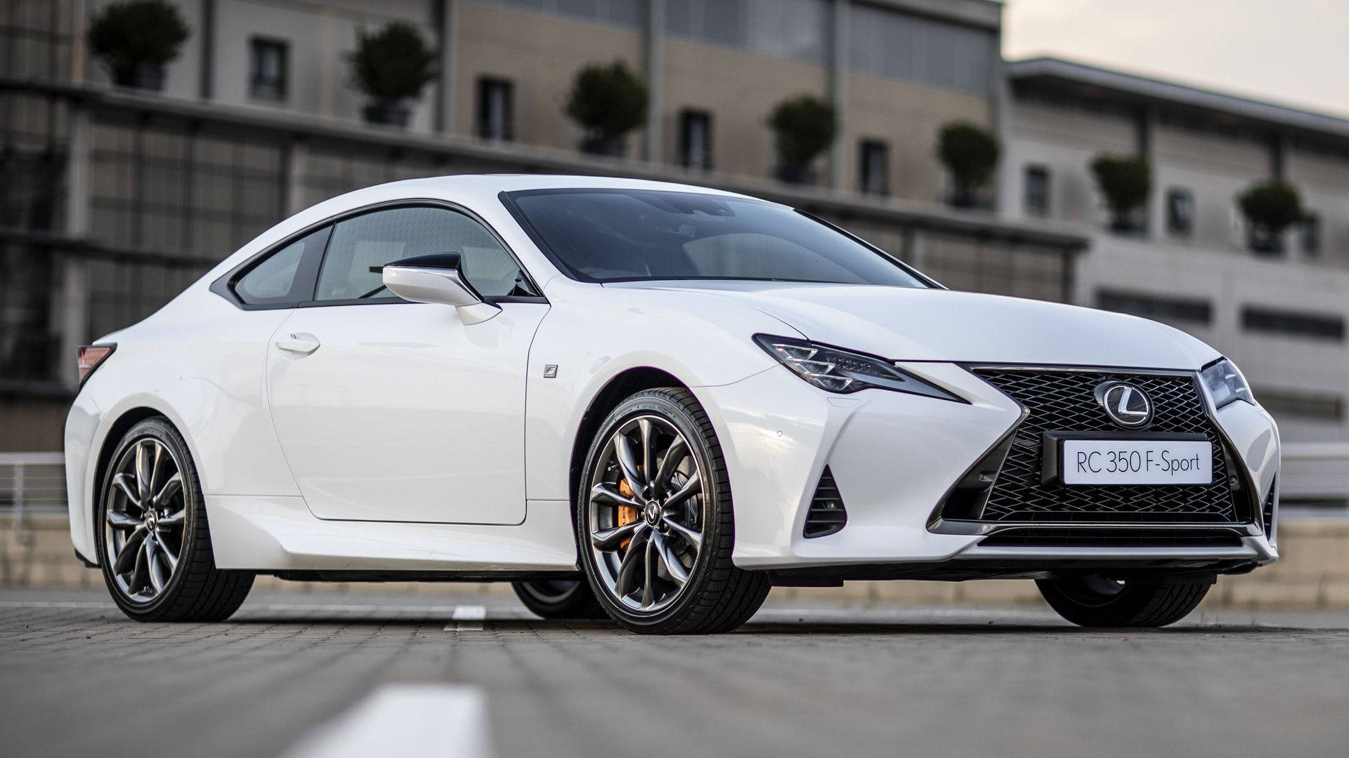 凌志 桌布 壁紙 — 一台時尚的白色Lexus RC 350 F-Sport雙門轎跑車停在鋪砌路面上，背景有現代建築和盆栽樹木。