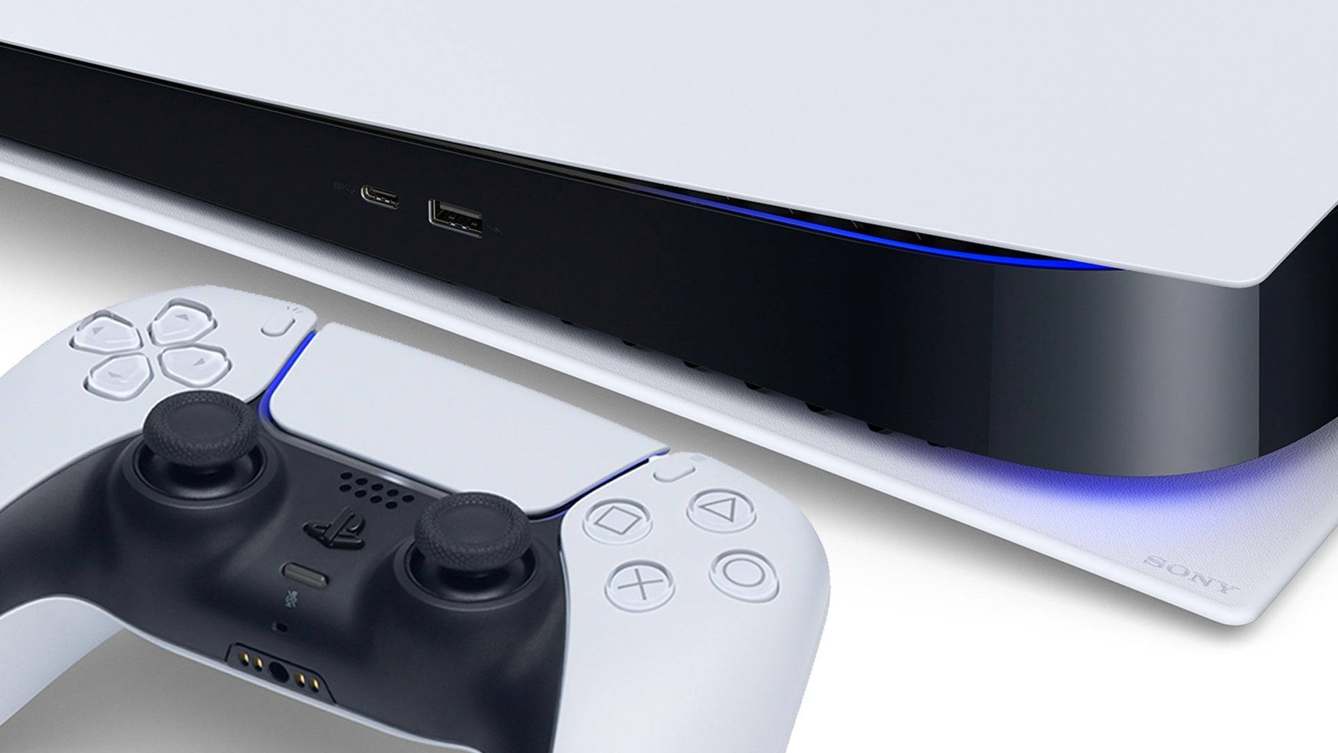 PlayStation 5主機和控制器，藍色燈光，白色背景 — Ps4 壁紙