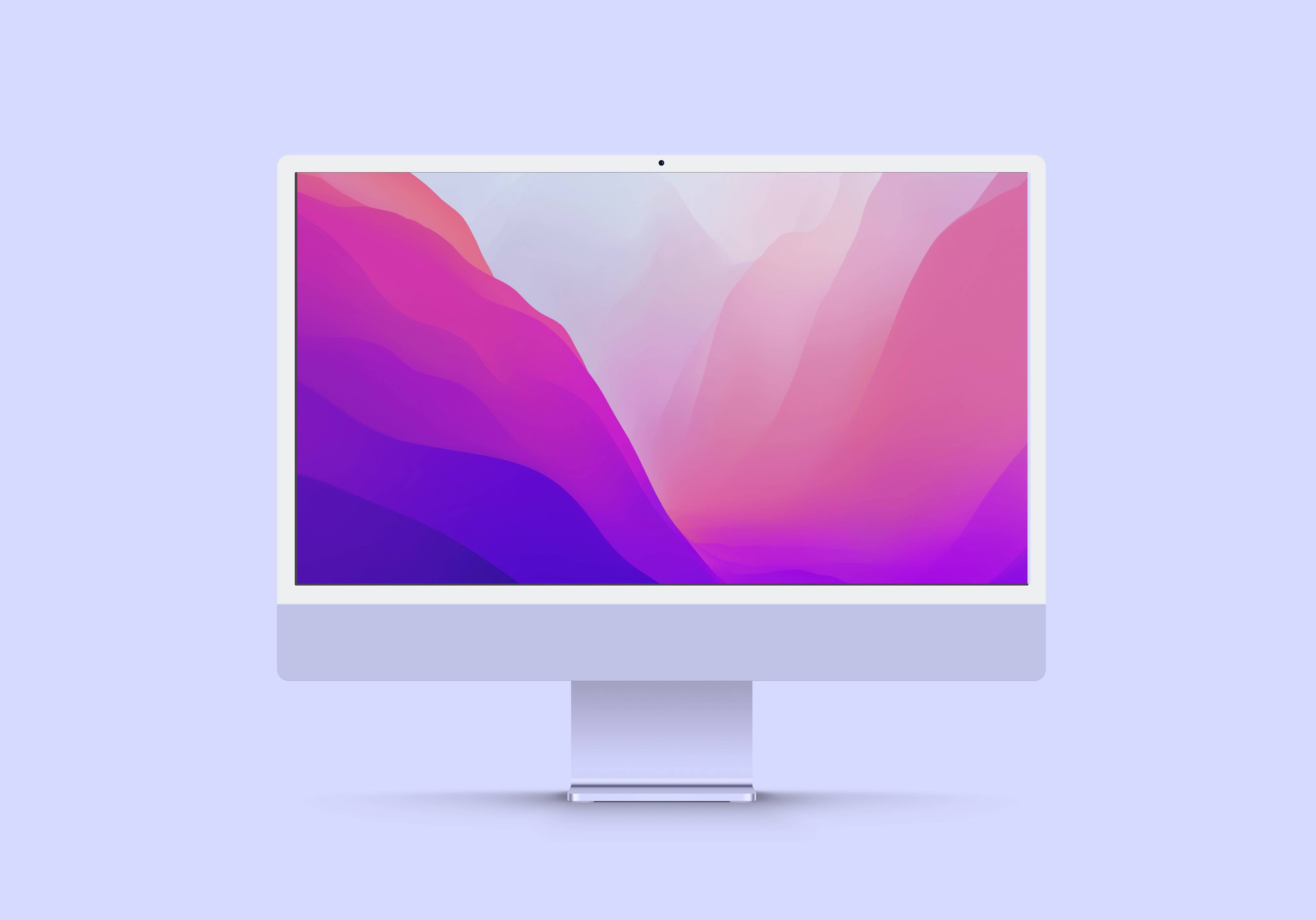 Computer Screen 桌布 壁紙 — 一台時尚的白色一體式桌面電腦在柔和的薰衣草背景上顯示出流動的粉紅色、紫色和洋紅色漸變的鮮豔抽象桌布。