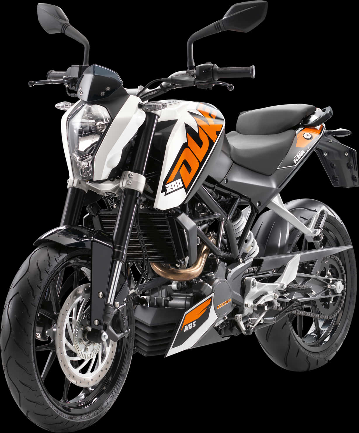 腳踏車 桌布 壁紙 — 一台時尚的白色和橙色KTM 200 Duke摩托車，帶有黑色點綴和鍍鉻細節，孤立地站在純黑色背景前。