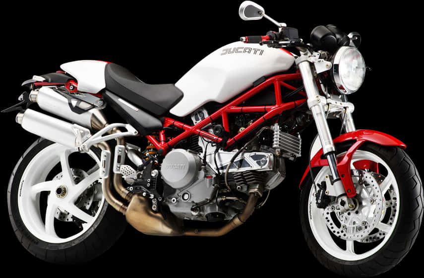 Bike HD 桌布 壁紙 — 一台時尚的白色和紅色Ducati摩托車，帶有外露車架和鍍鉻細節，在純黑背景下蓄勢待發。