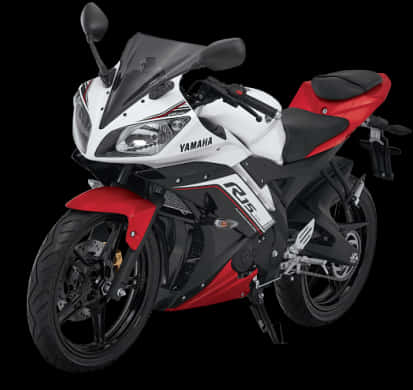 機車 桌布 壁紙 — 一台時尚的白色和紅色Yamaha R15運動機車，帶有黑色點綴，在純黑色背景前蓄勢待發。