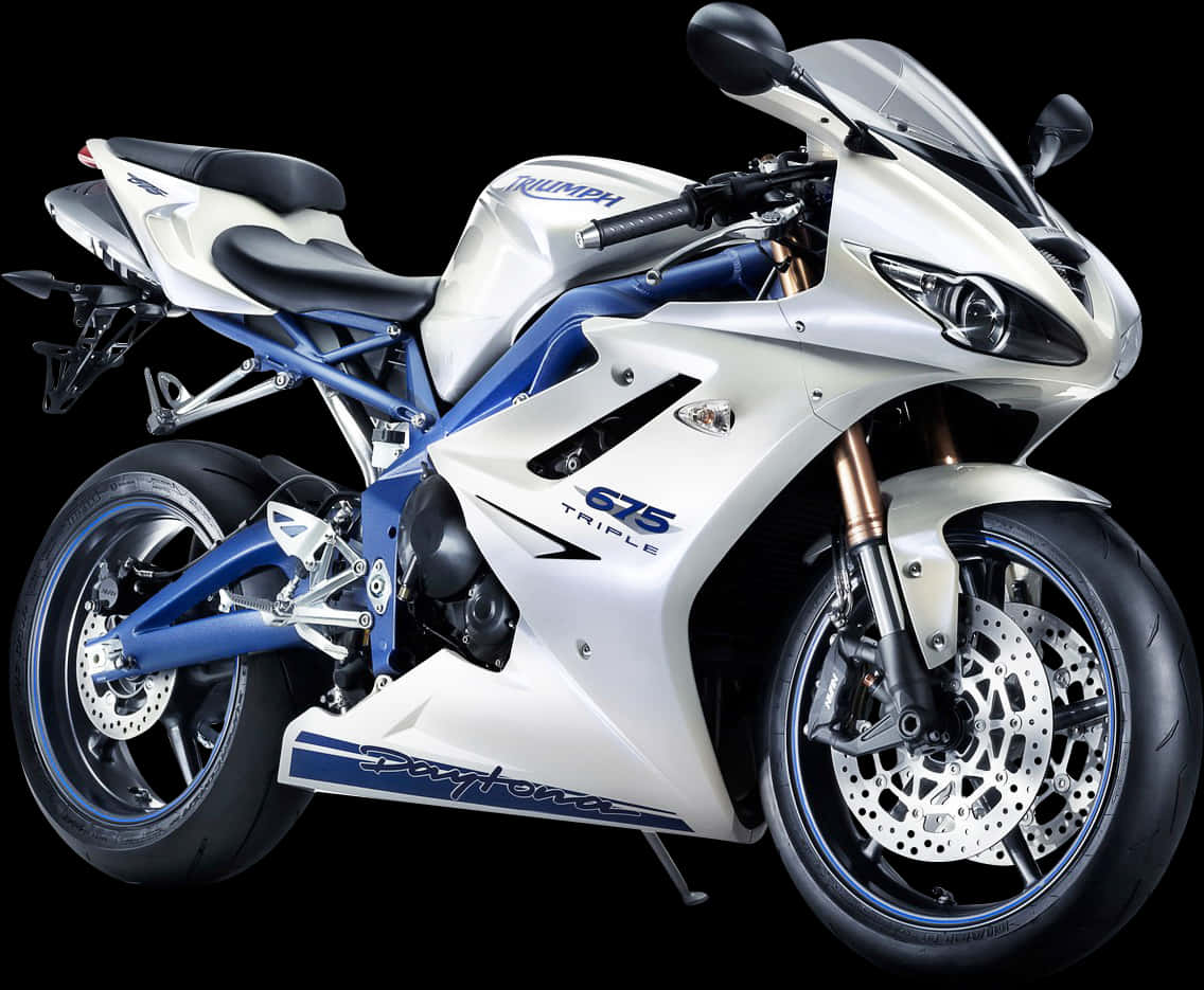 Bike HD 桌布 壁紙 — 一台時尚的白色和藍色 Triumph G75 Triple 運動機車，配備金色前叉和黑色輪胎，在純黑色背景前蓄勢待發。