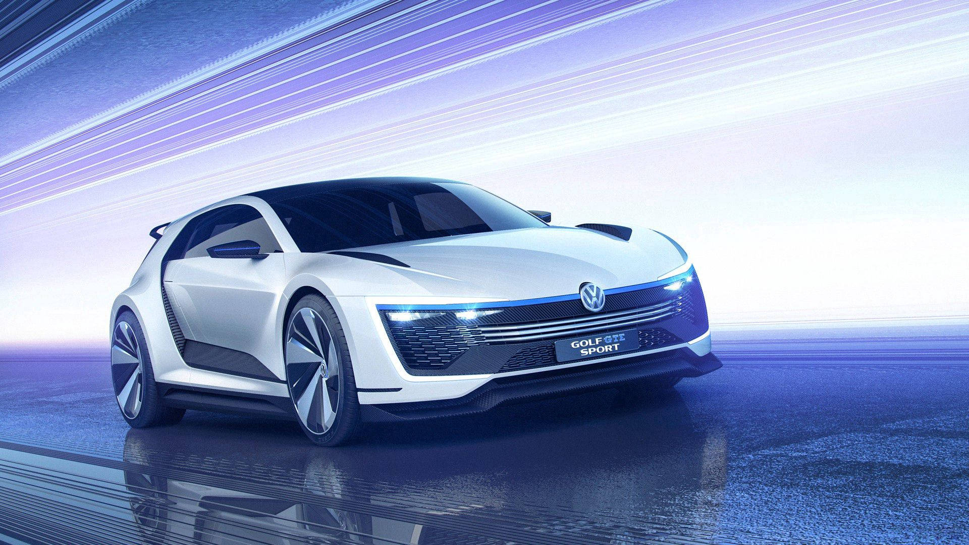 高爾夫 桌布 壁紙 — 一台時尚的白色未來感Volkswagen Golf GTI Sport概念車在反射表面上滑行，伴隨著紫色和藍色的動態模糊條紋。