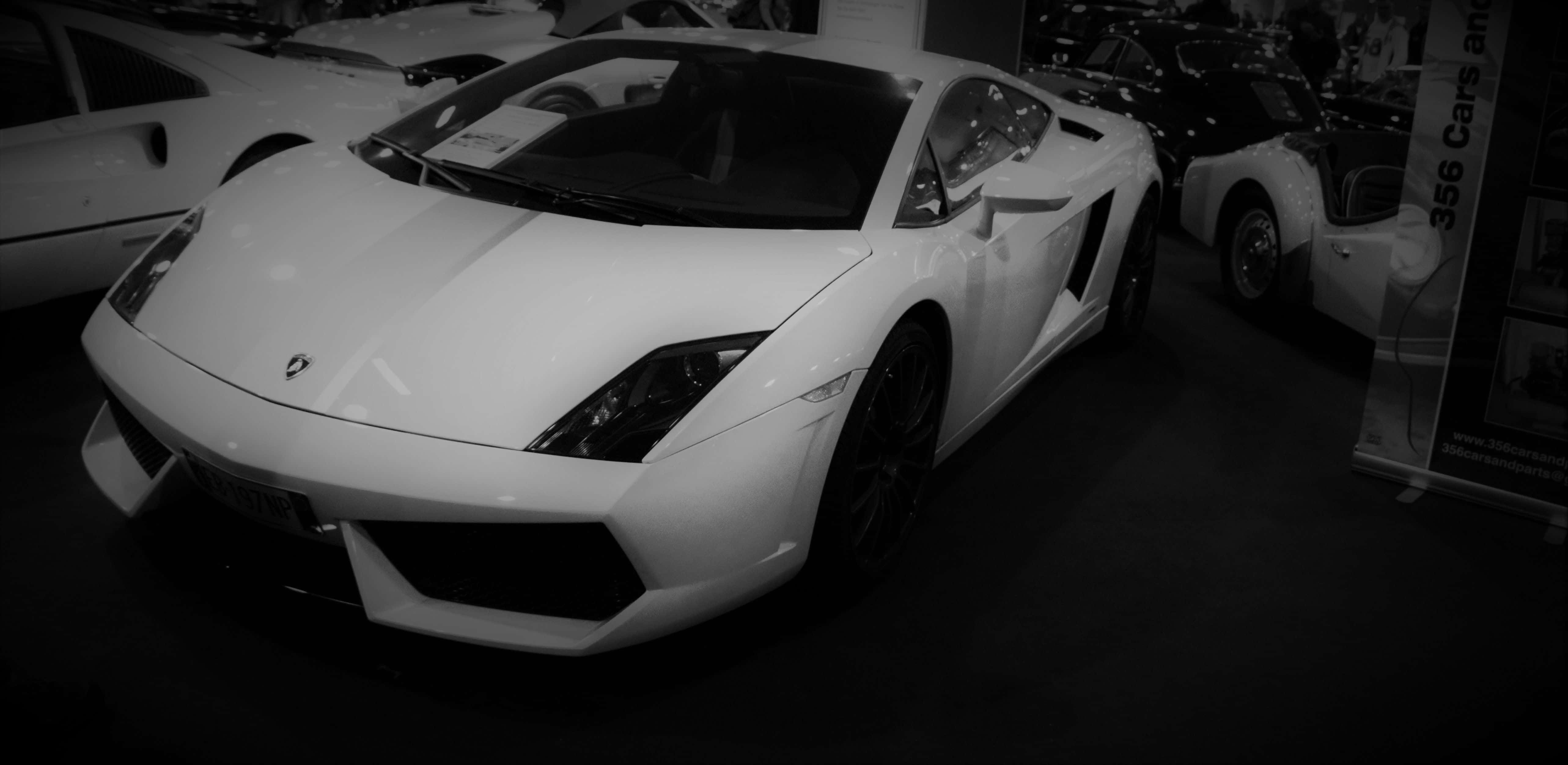 Black And White Car 桌布 壁紙 — 一台時尚的白色藍寶堅尼Gallardo跑車在豪華車展廳中，在戲劇性的黑白燈光下閃閃發光。