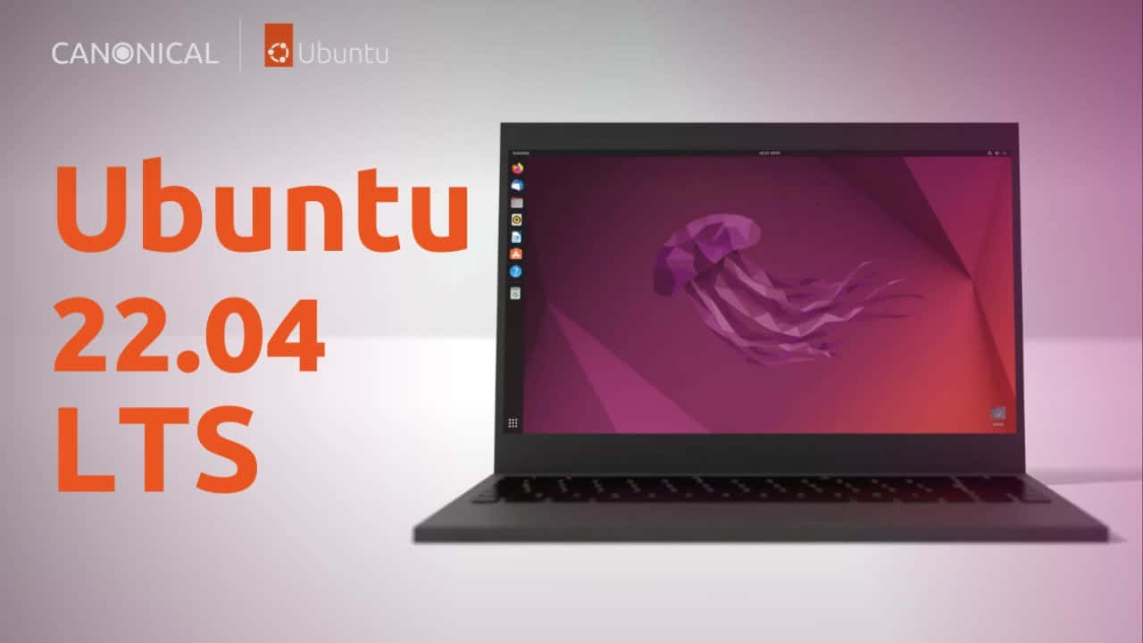 ubuntu 桌布 壁紙 — 一台時尚的筆記型電腦顯示 Ubuntu 22.04 LTS，帶有風格化的紫色水母桌布，背景為粉紅色和洋紅色的漸變。