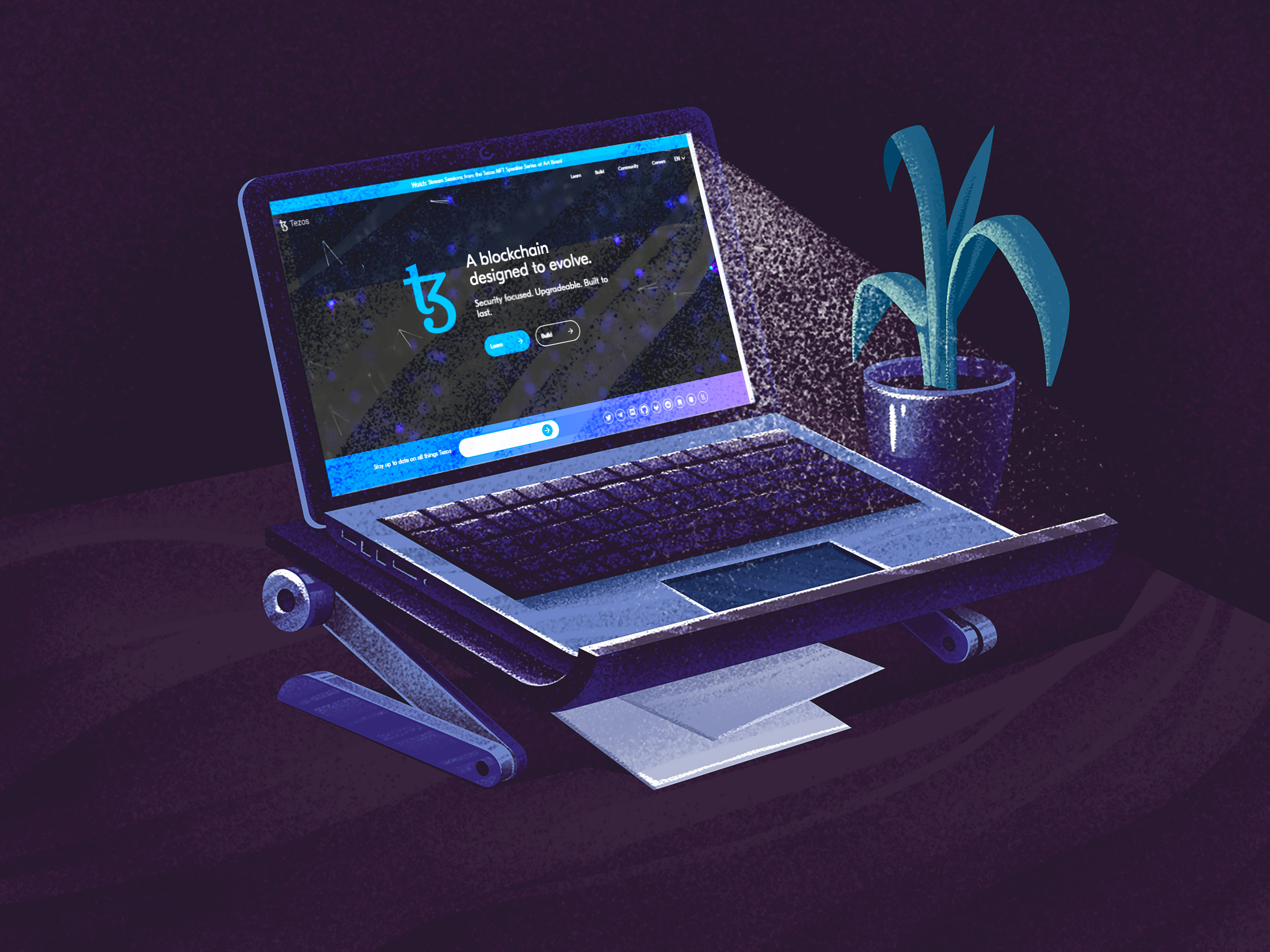 3d Laptop 桌布 壁紙 — 一台時尚的筆記型電腦顯示著區塊鏈網站，放在一個深紫色房間的支架上，旁邊有一棵發光的藍色盆栽植物。