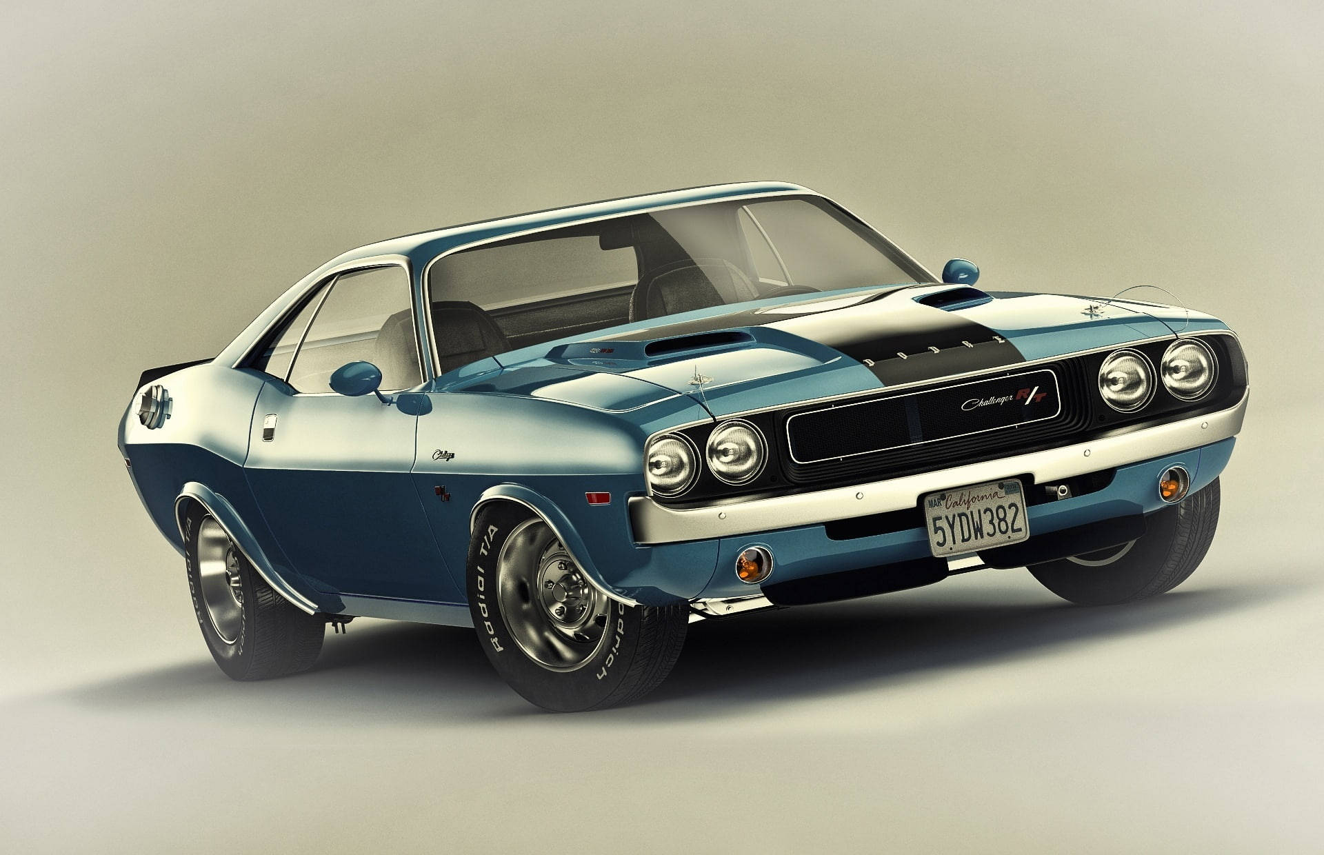 cars 桌布 壁紙 — 一台時尚的藍白色1970年道奇挑戰者R/T肌肉車，帶有黑色引擎蓋條紋和鍍鉻裝飾，在中性工作室背景前擺拍。