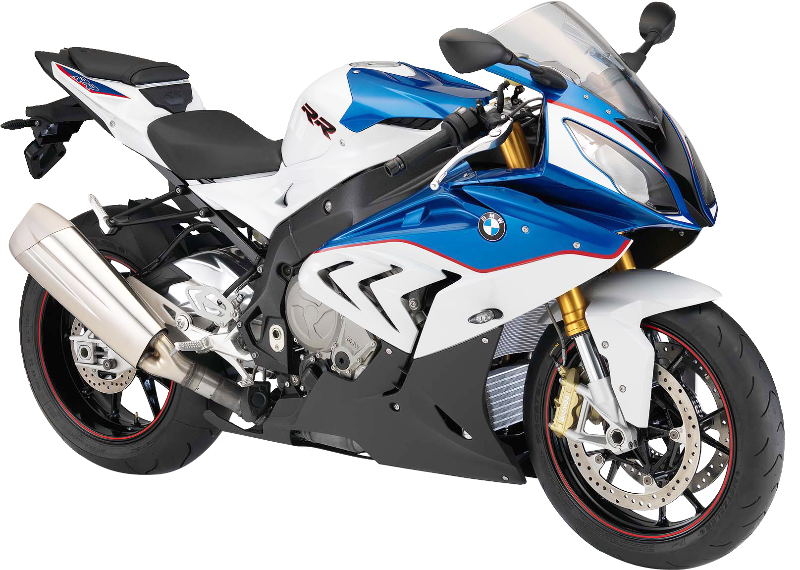 BMW 動圖 桌布 壁紙 — 一台時尚的藍白色BMW運動機車，配備金色前叉和紅色點綴，孤立在黑色背景前。