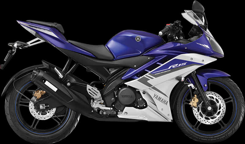 機車 桌布 壁紙 — 一台時尚的藍白色Yamaha R15運動機車，帶有黑色點綴和金色煞車卡鉗，在黑色背景下的攝影棚燈光中展示。